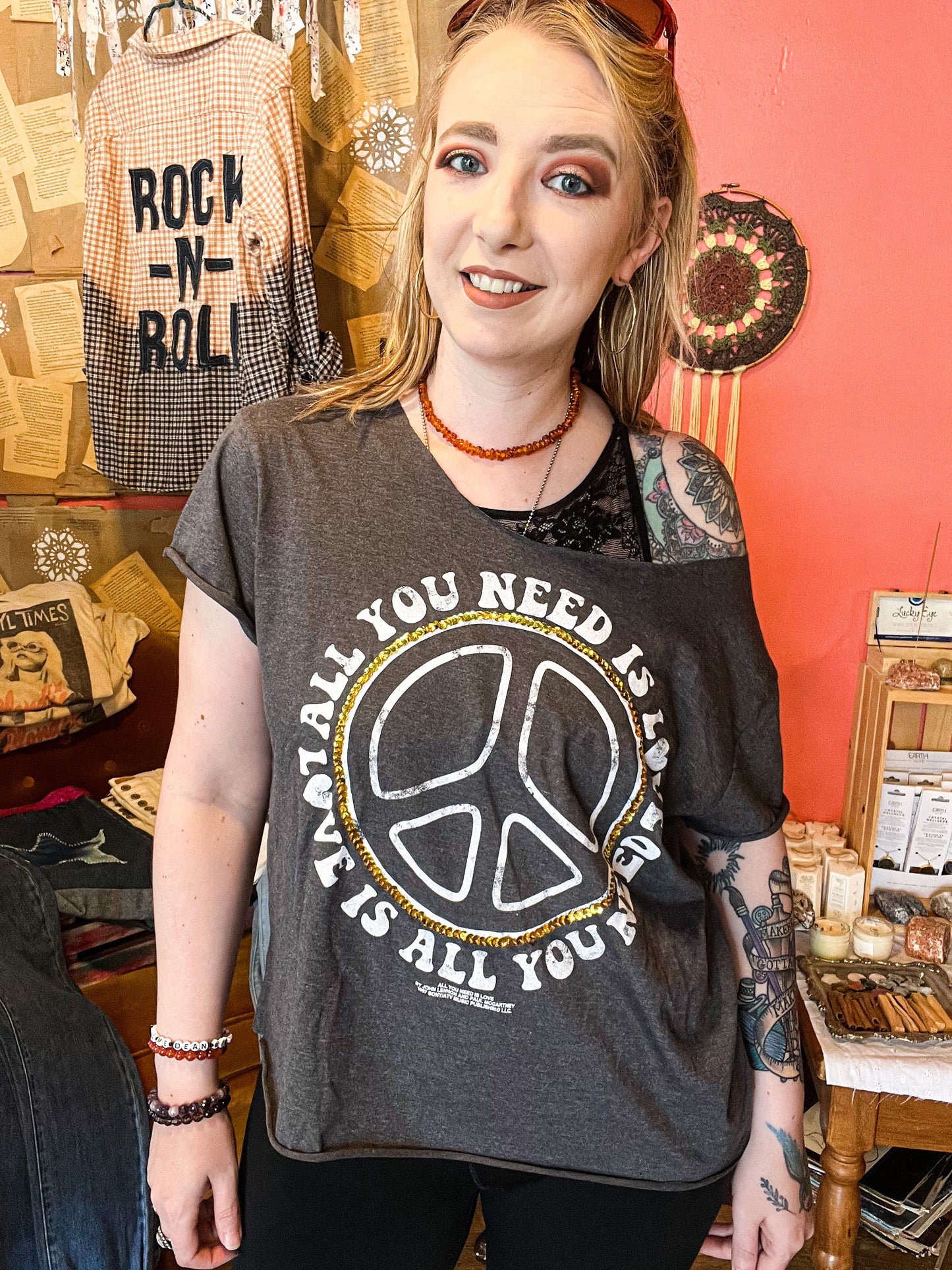 Upcycled Beatles Peace Sign Sequins Tee