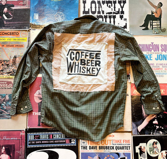 Coffee Beer & Whiskey Quote Upcycled Buttonup Top