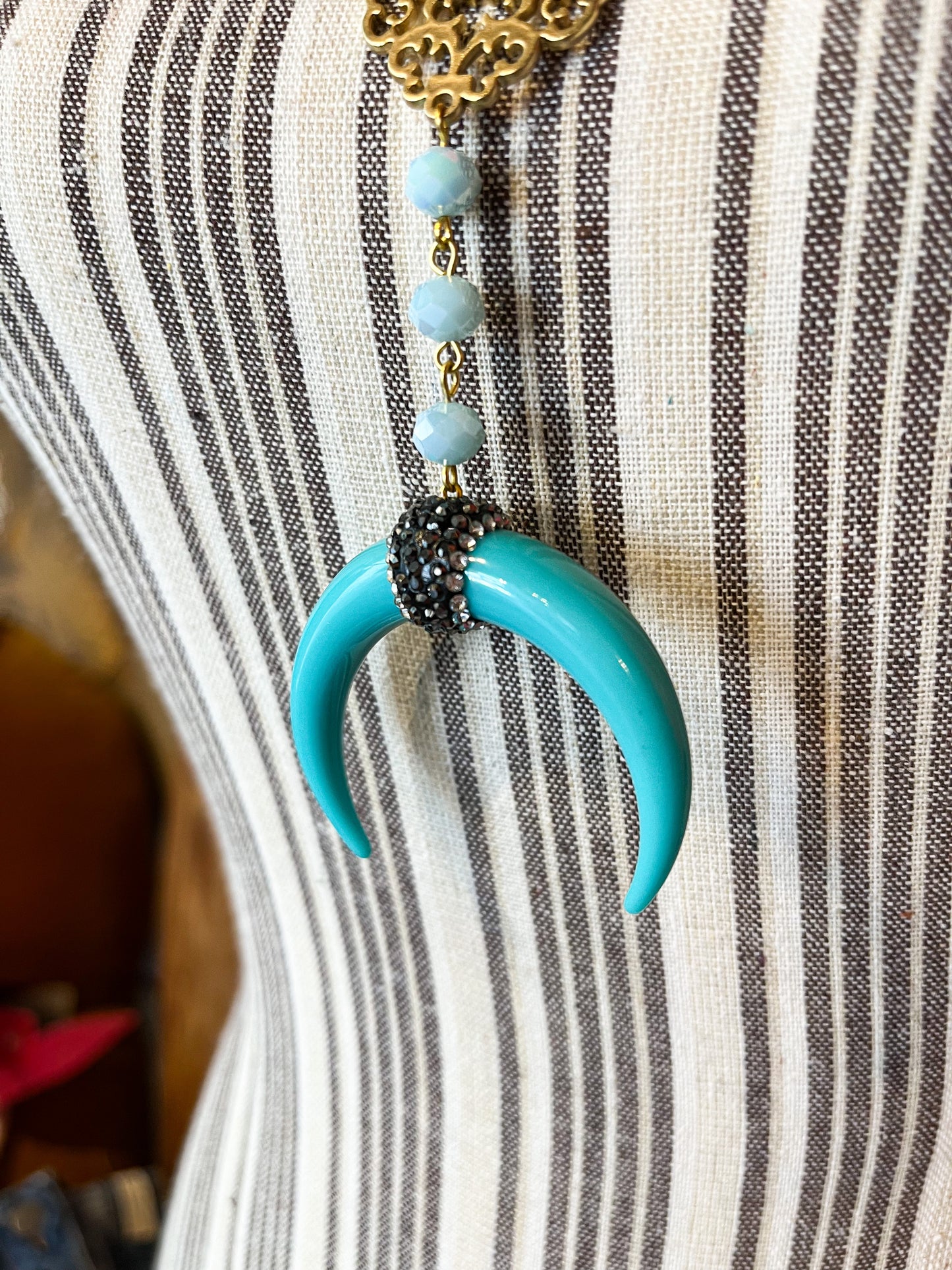 Ethereal Amulet Blue Beaded Horn Pendant Necklace