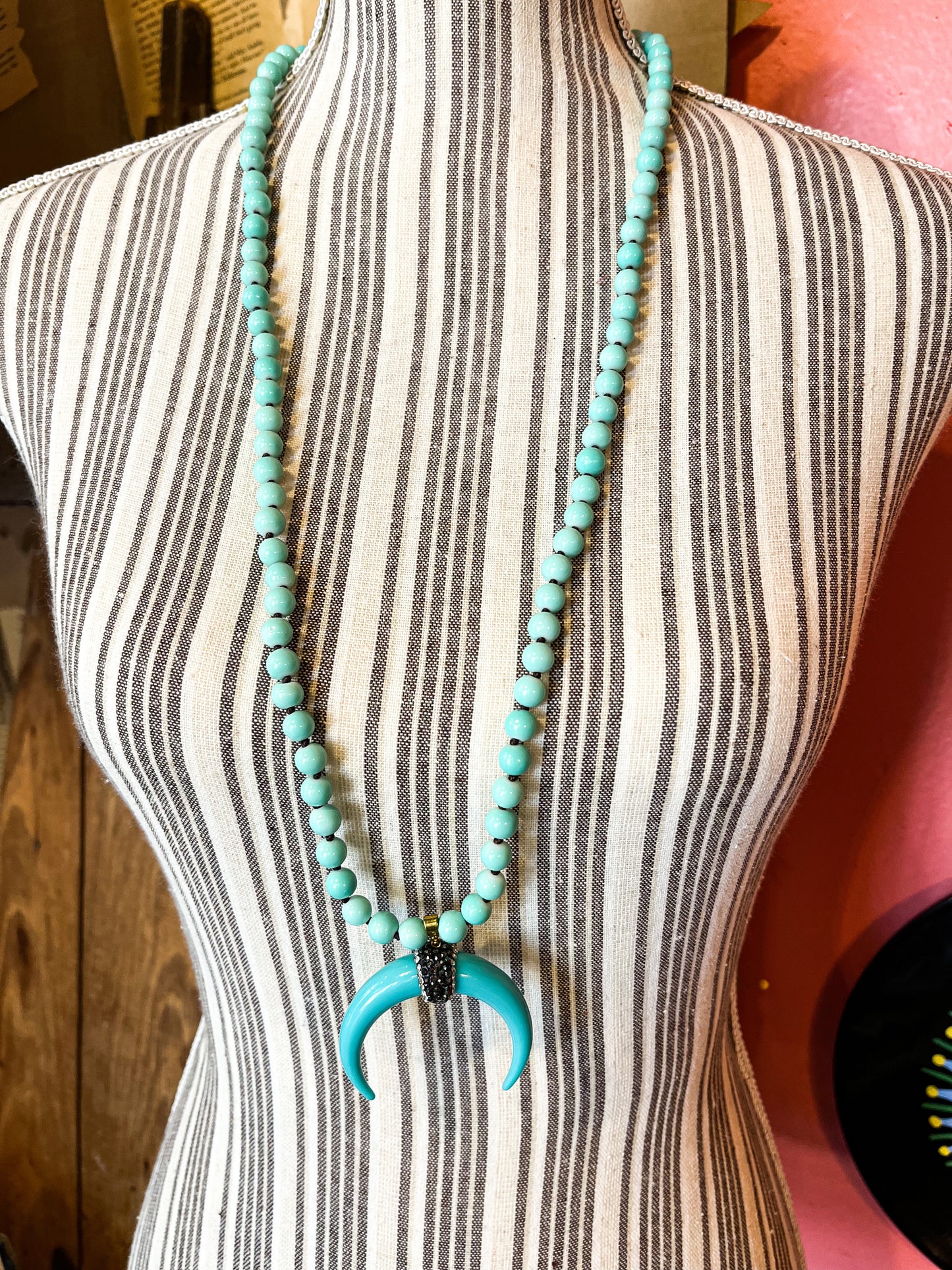 Enchanted Echo Turquoise Blue Color Beaded Strand Horn Necklace
