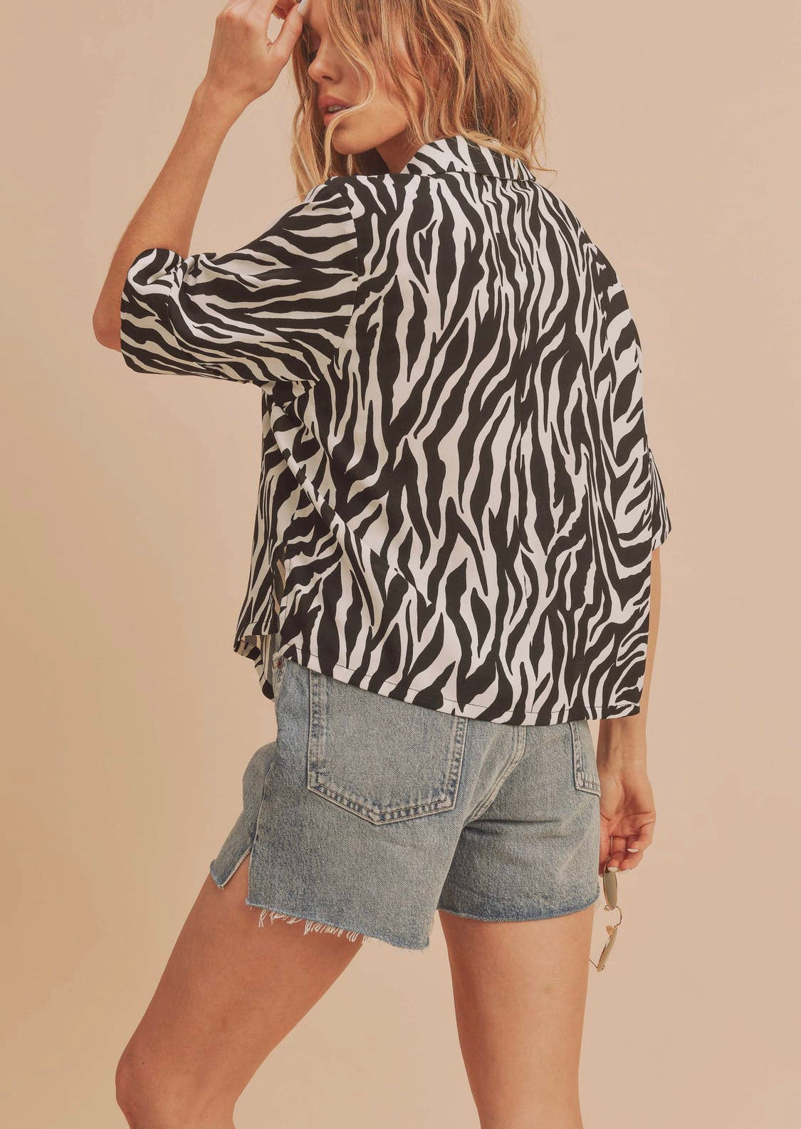 Kaira Black and White Zebra Printed Boxy Collared Short Sleeve Top