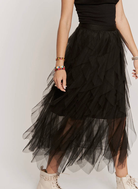 Rihanna Ruffled Tulle Black Midi Skirt