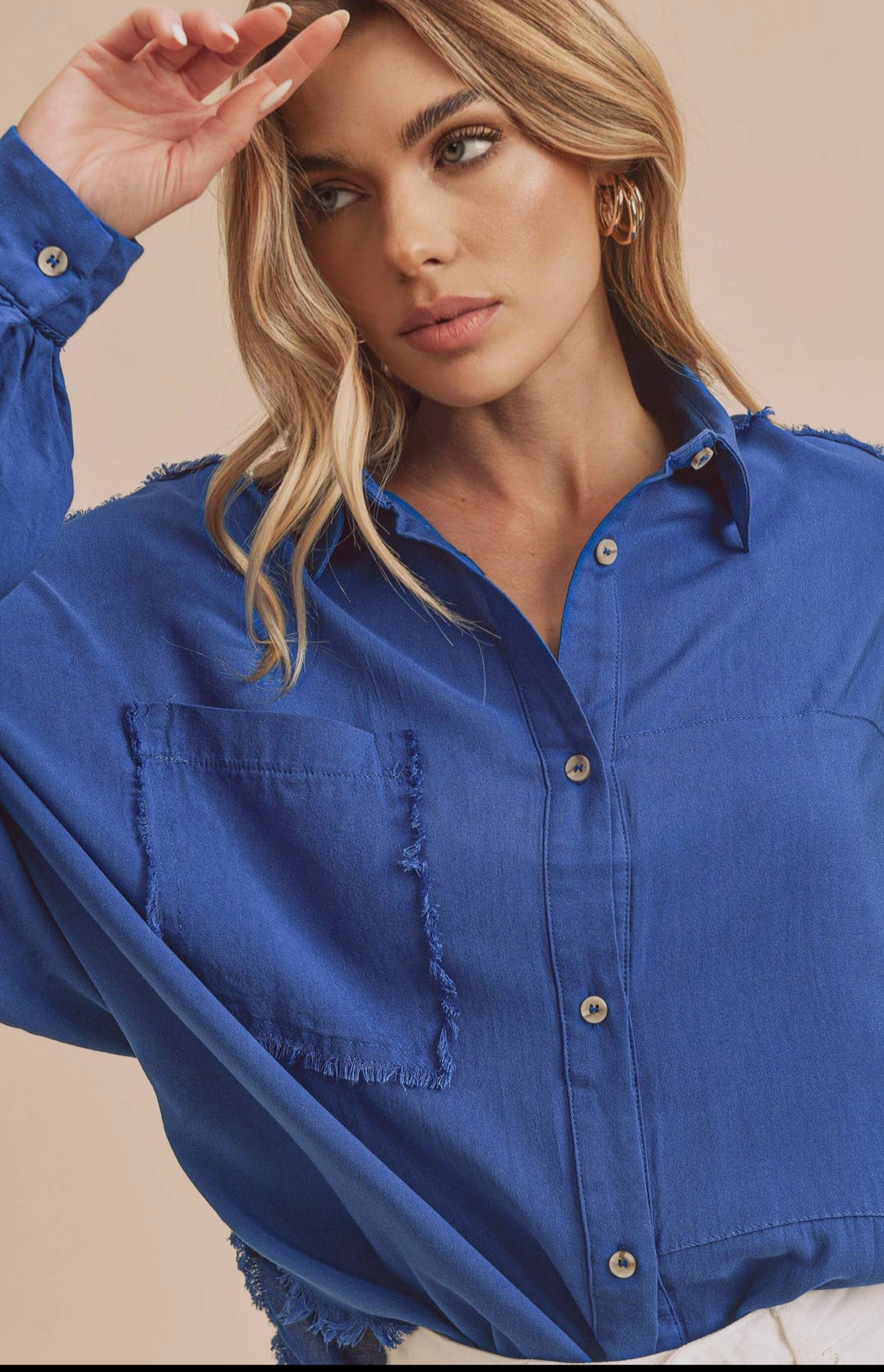 Oversized Raw Hem Blue Buttonup Collared Long Sleeve Blouse
