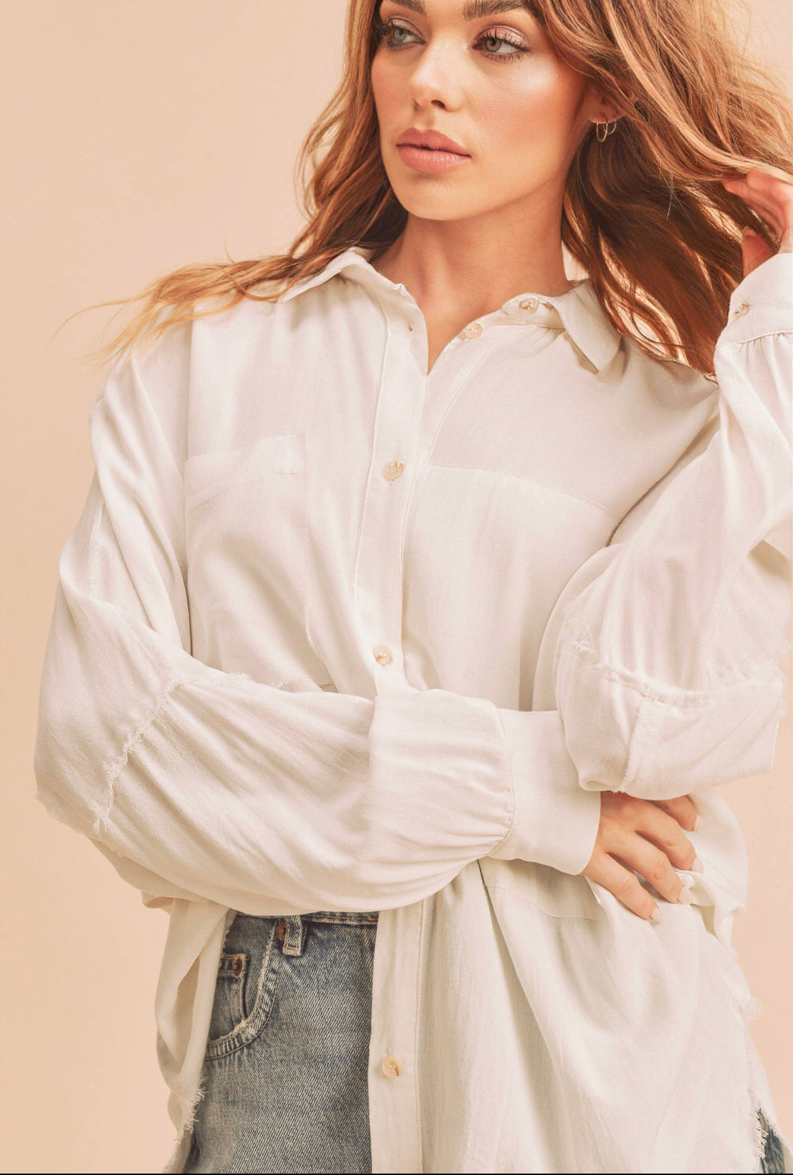 Oversized Raw Hem White Buttonup Collared Long Sleeve Blouse