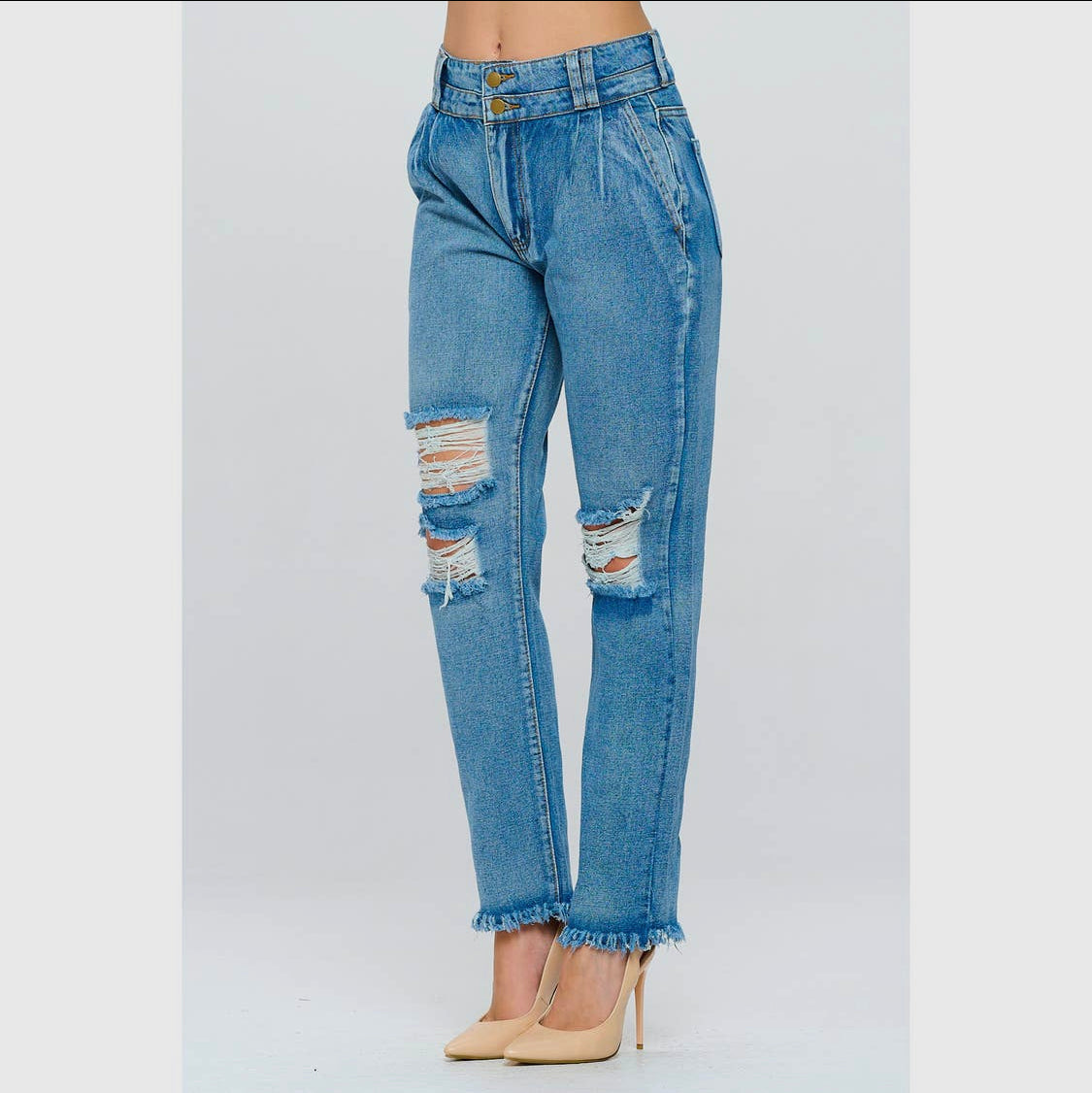 Not your Mom's mom fit 90s retro high rise distressed hole jeans