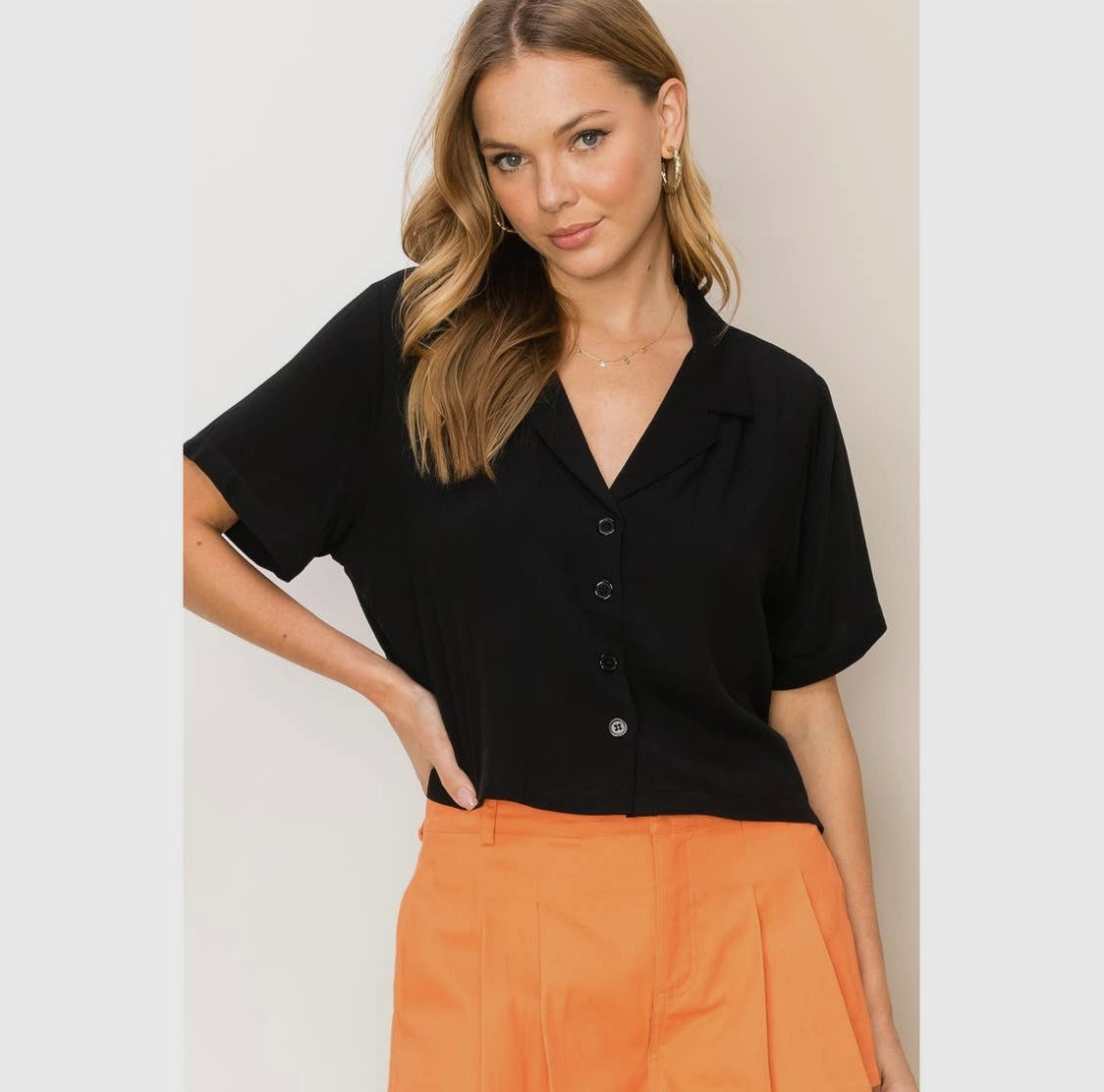 Strolling Through Summer Oversized Black Boxy Buttonup Short Sleeve Crop Top