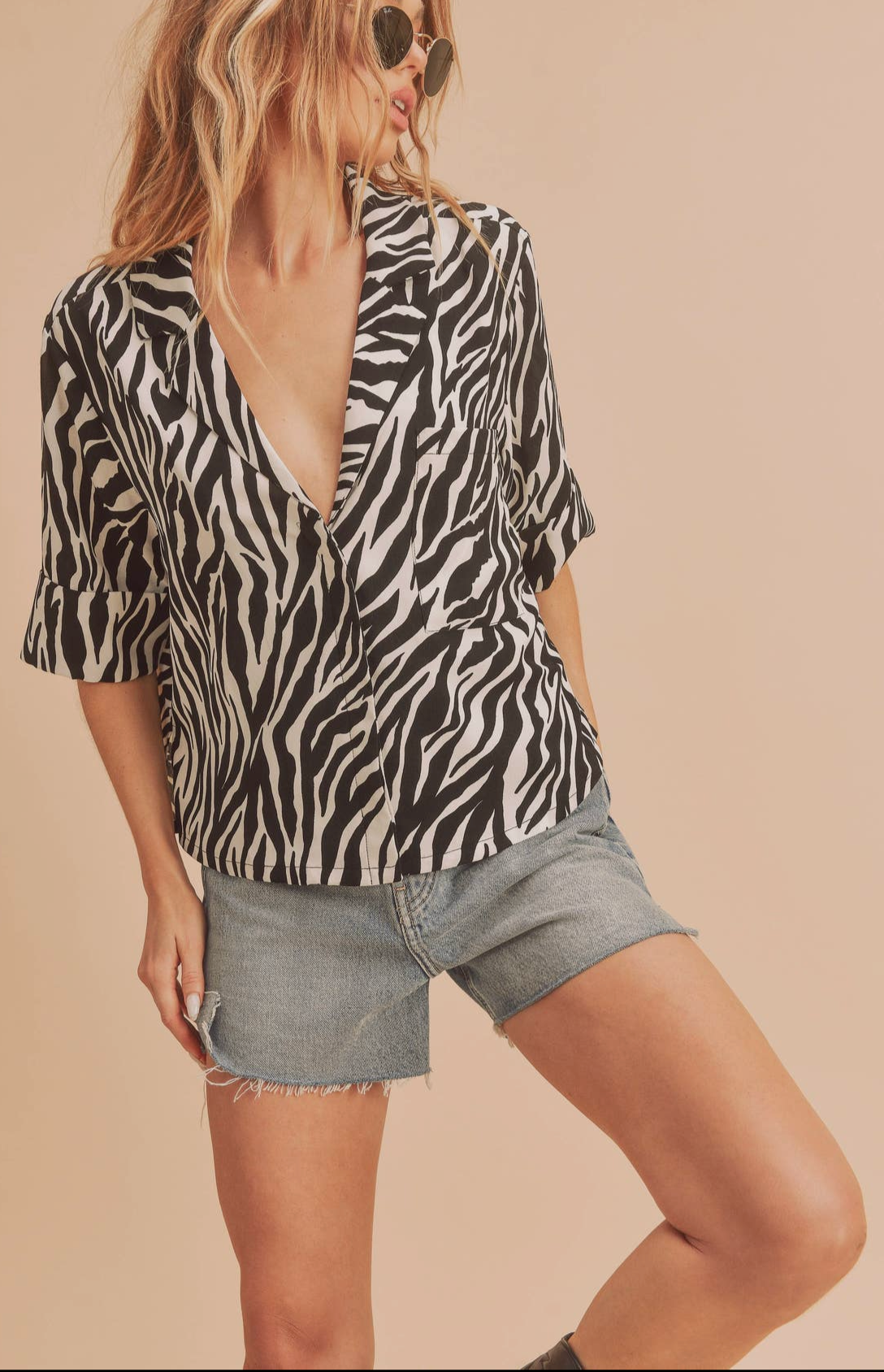 Kaira Black and White Zebra Printed Boxy Collared Short Sleeve Top