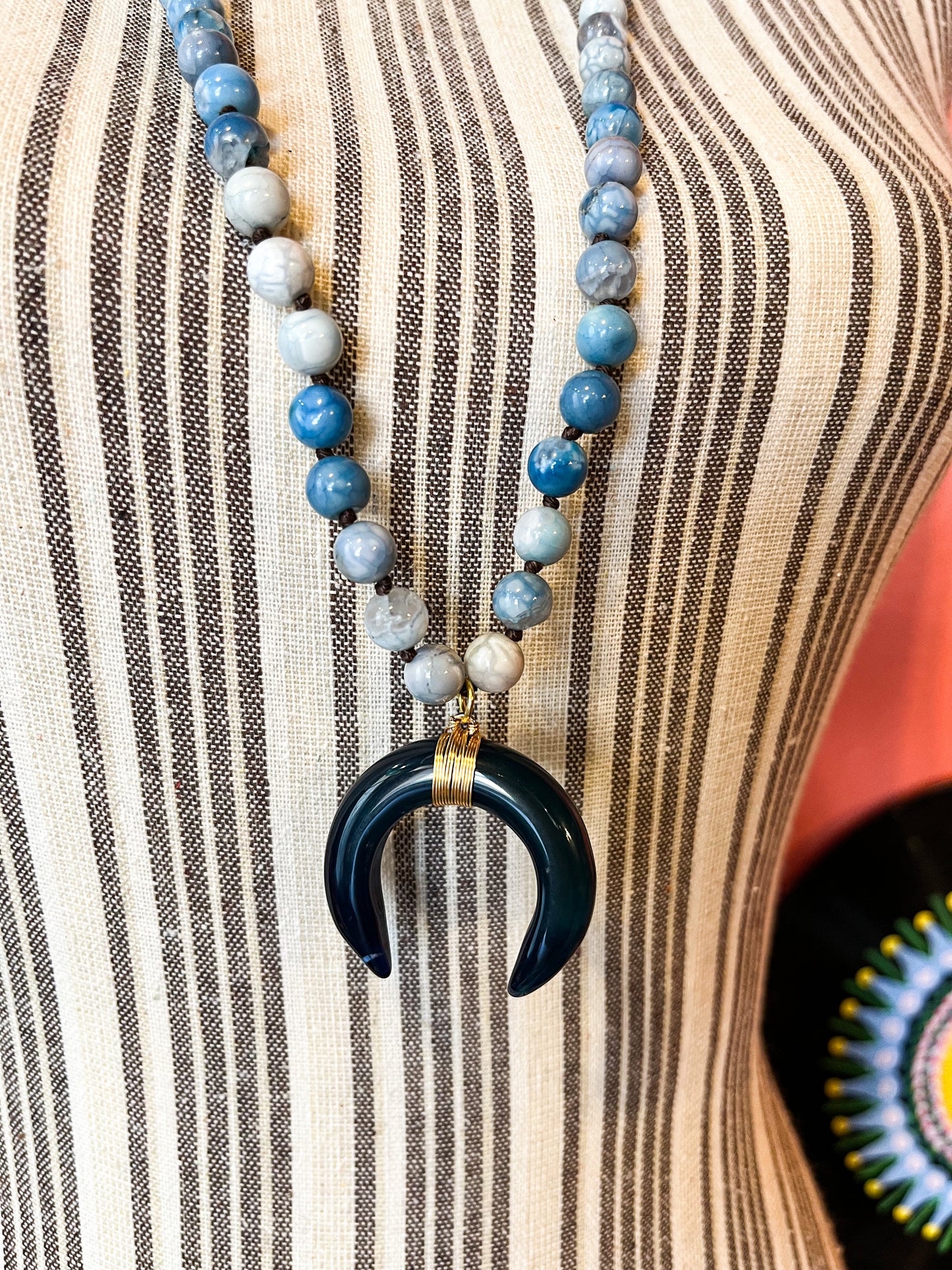 Wayward Whimsy Blue Stone Bead Horn Pendant Necklace