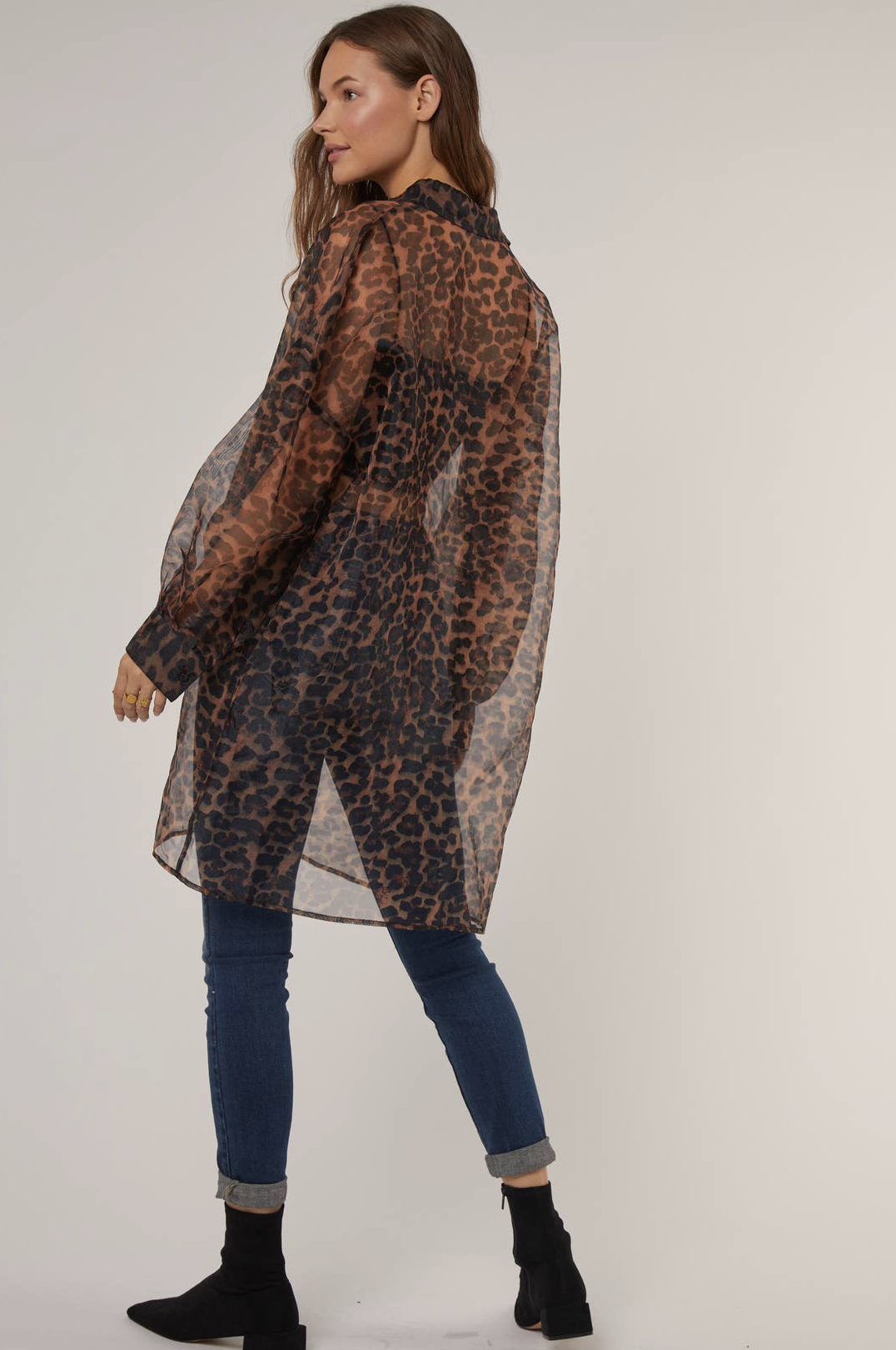 Stacie oversized leopard print long organza button up top