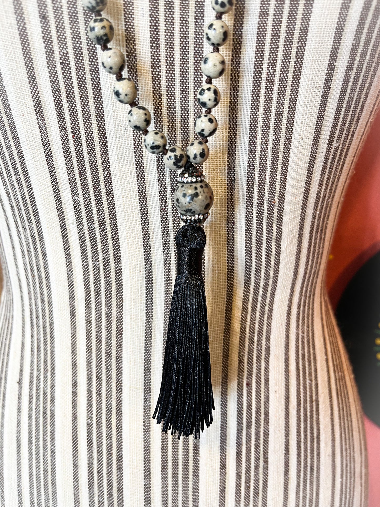 Amara Dalmatian Jasper Bead Tassel Pendant Necklace