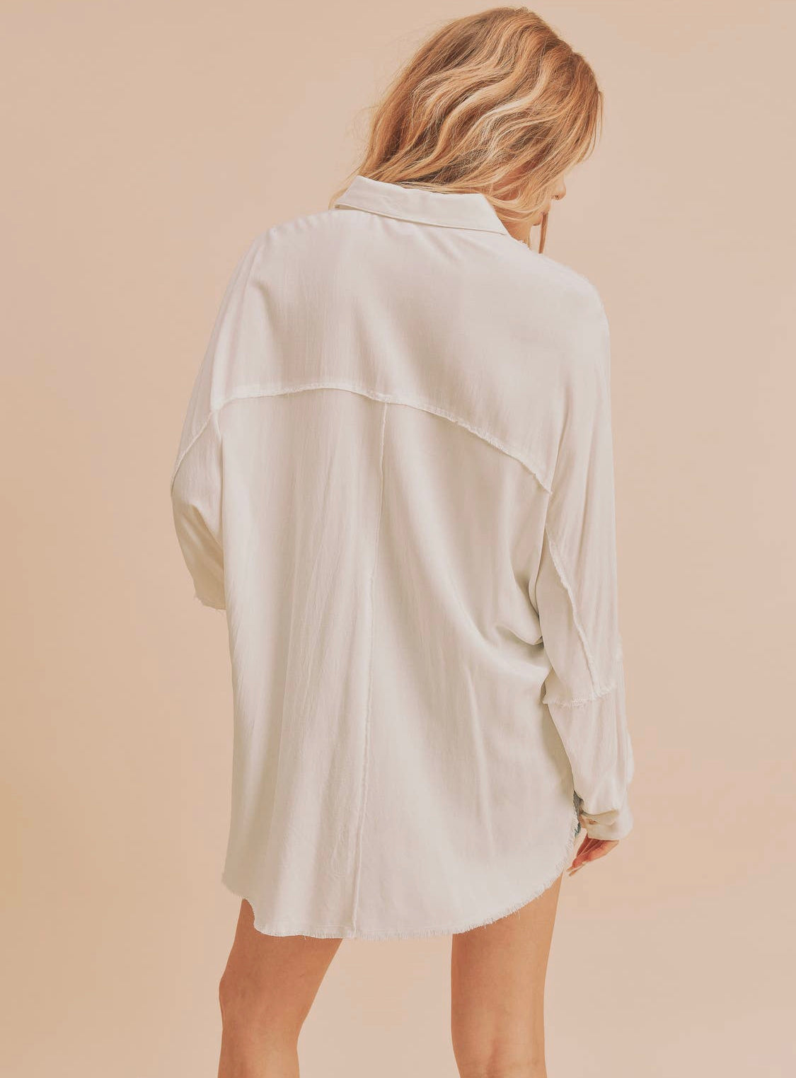 Oversized Raw Hem White Buttonup Collared Long Sleeve Blouse