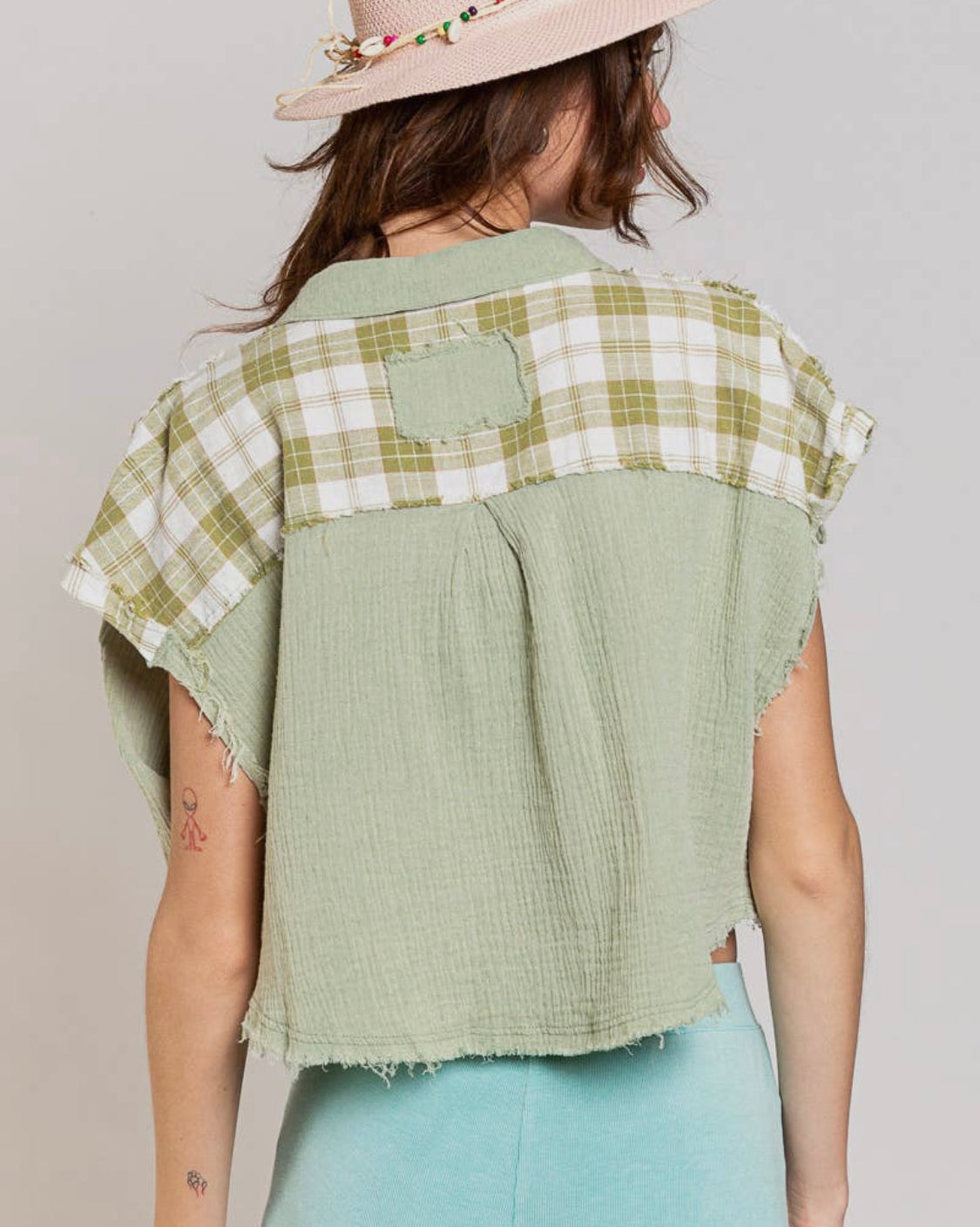 Forever Now Sage Green Contrast Plaid Woven Buttonup Top by