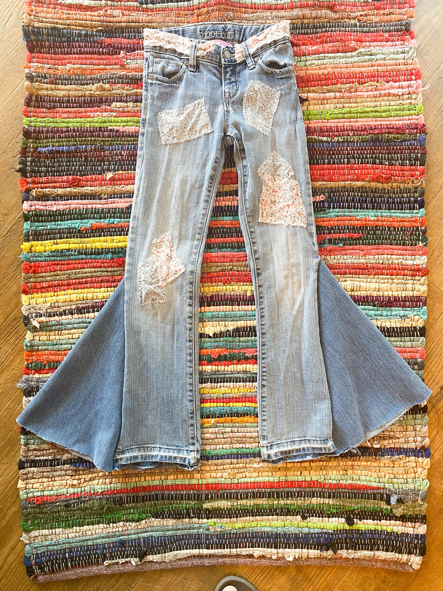 Size 8 upcycled patchwork hippie denim bell bottoms