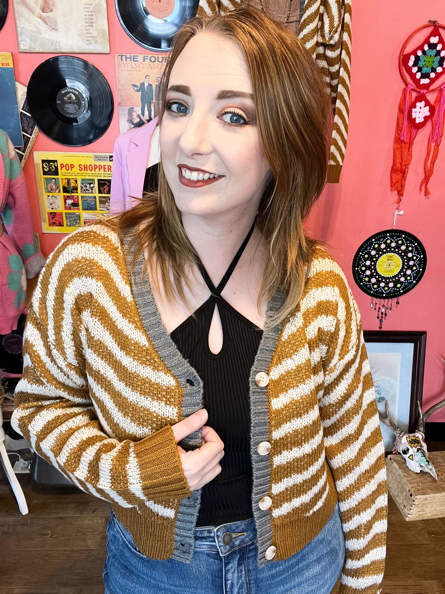 Promises Wavy Striped Oversized Cropped Cardigan Sweater
