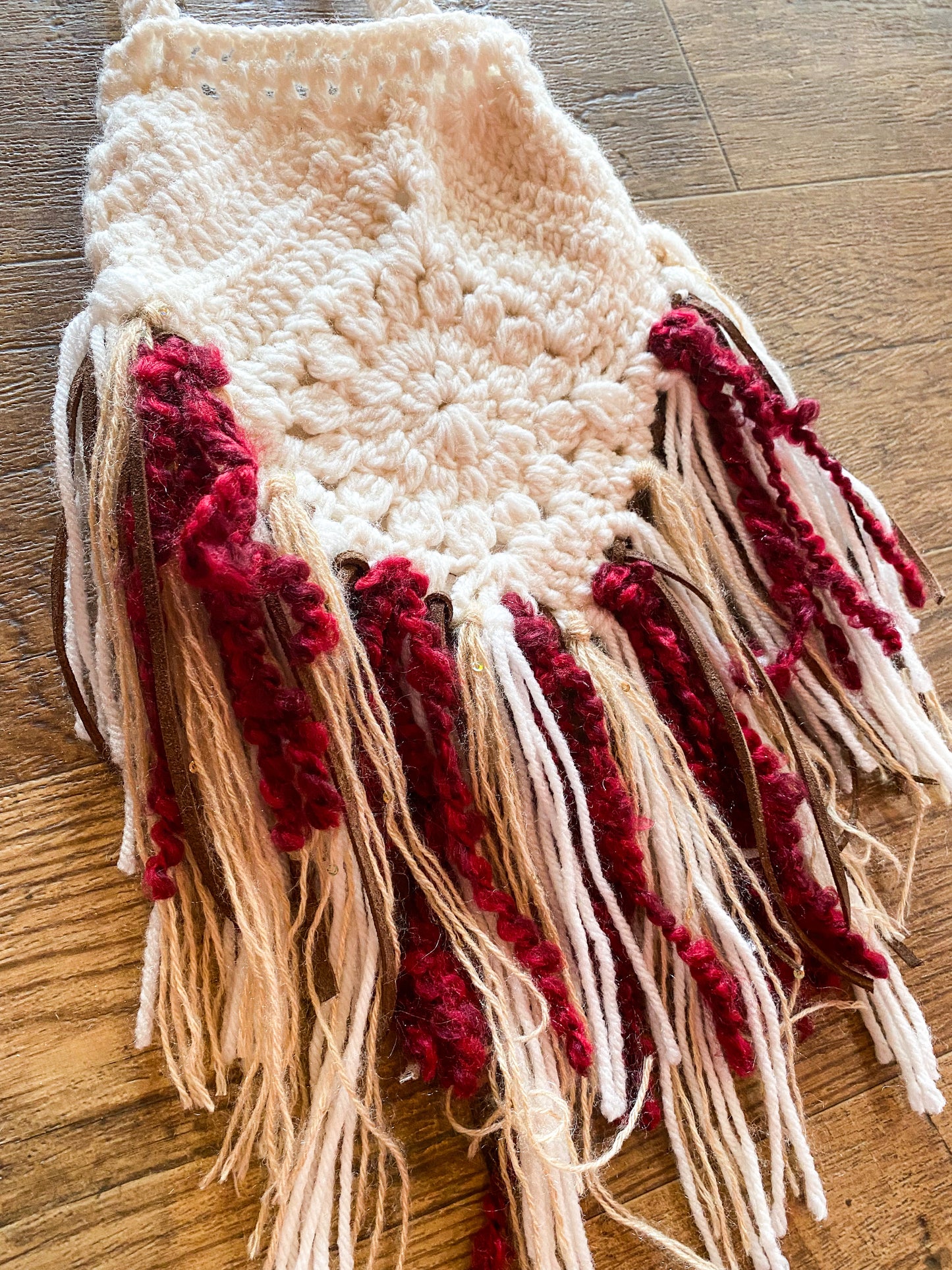 Handmade boho crocheted fringe messenger handbag purse