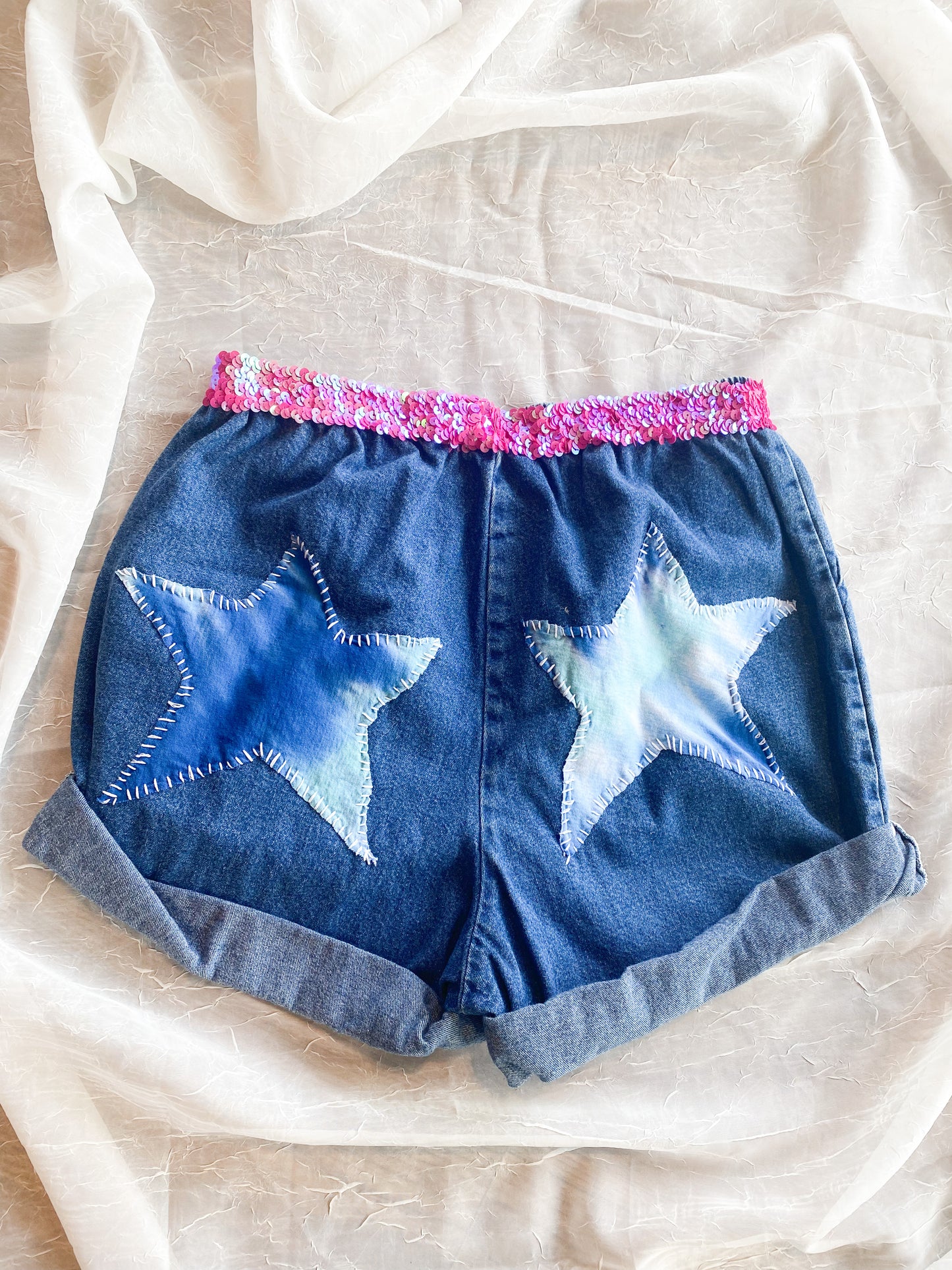 Upcycled star sequin shorts elastic waist size 4-10
