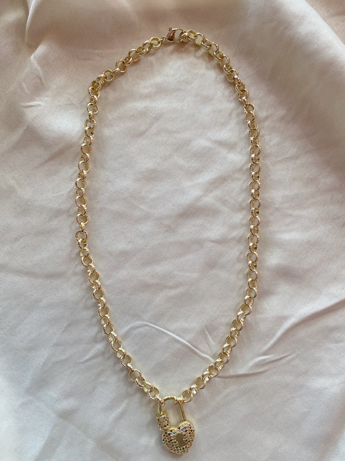 Rhinestone Heart Lock pendant chain necklace