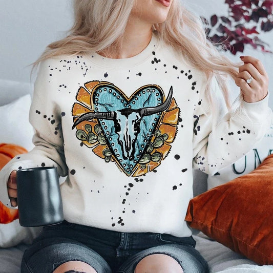Crooked Horn Paint Splattered Bull Heart Western Graphic Sweatshirt