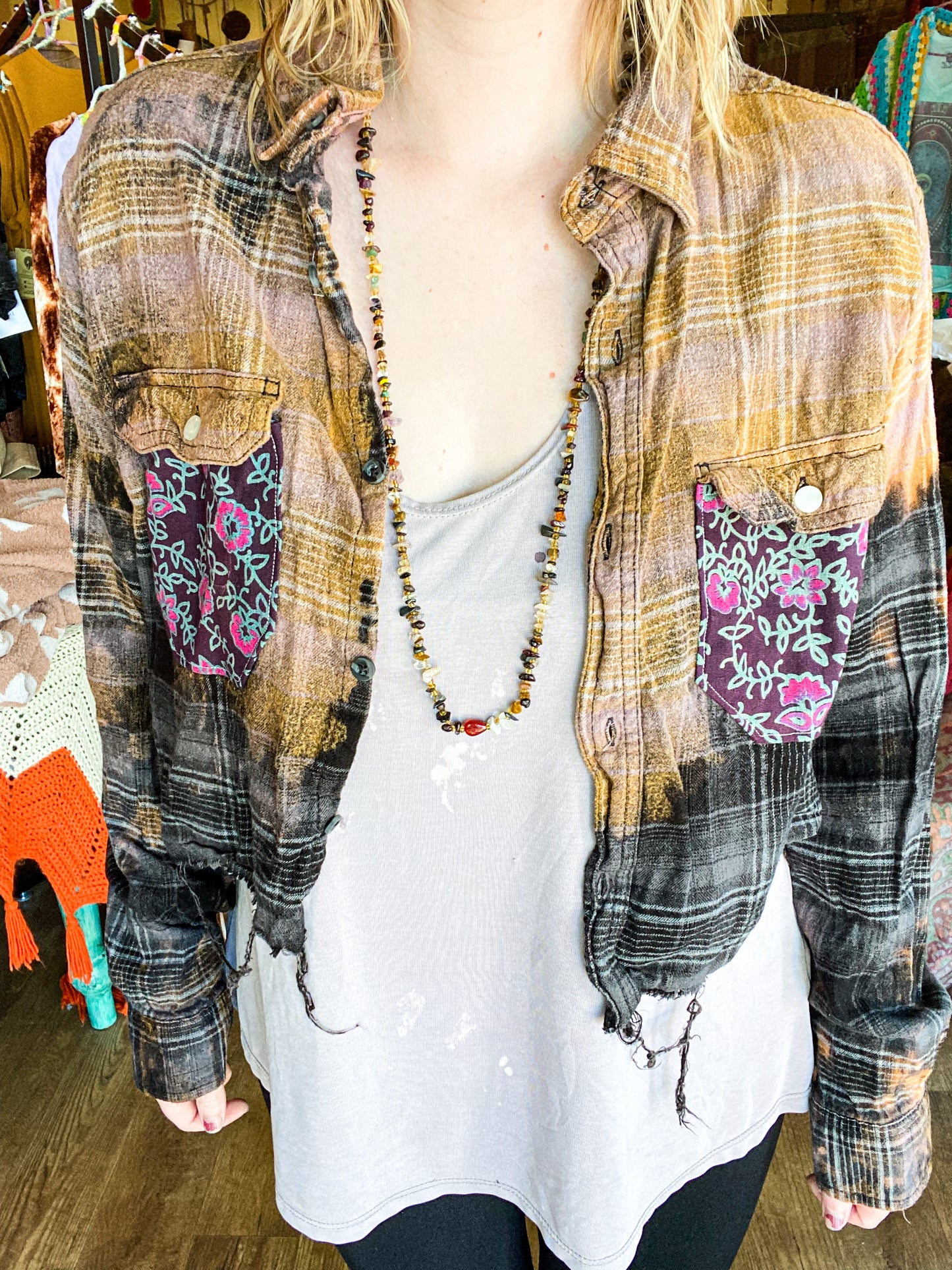 Sherri bleached and distressed cropped floral pocket flannel