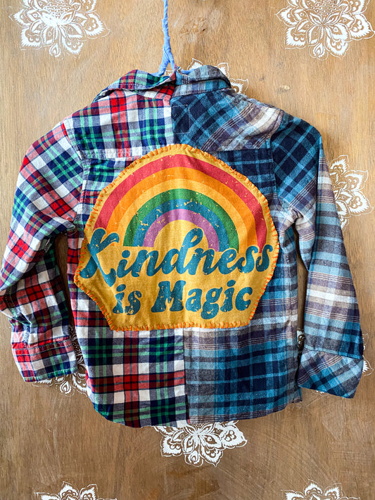 Kindness is magic rainbow kids upcycled plaid flannel 3T/4T