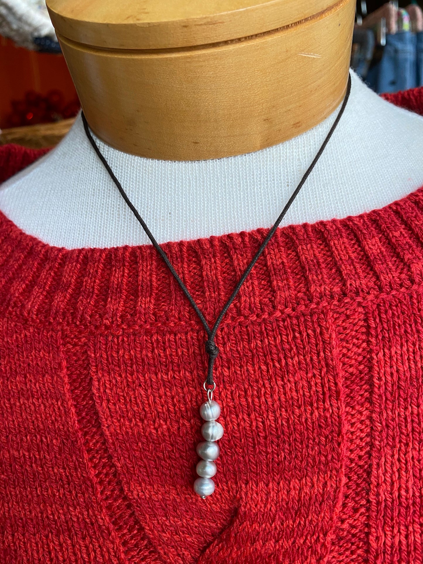 5 pearl beaded drop necklace handmade on leather cord