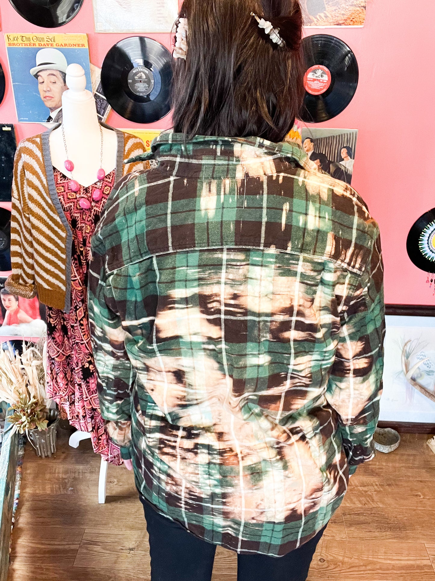 Green upcycled bleached western boho flannel