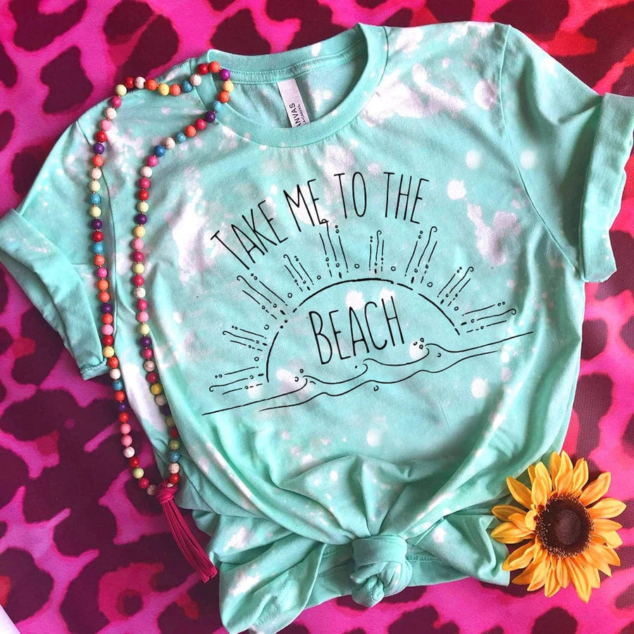 Take me to the Beach Mint Bleach Tie Dye Colored Boho Sun Printed Graphic Tee