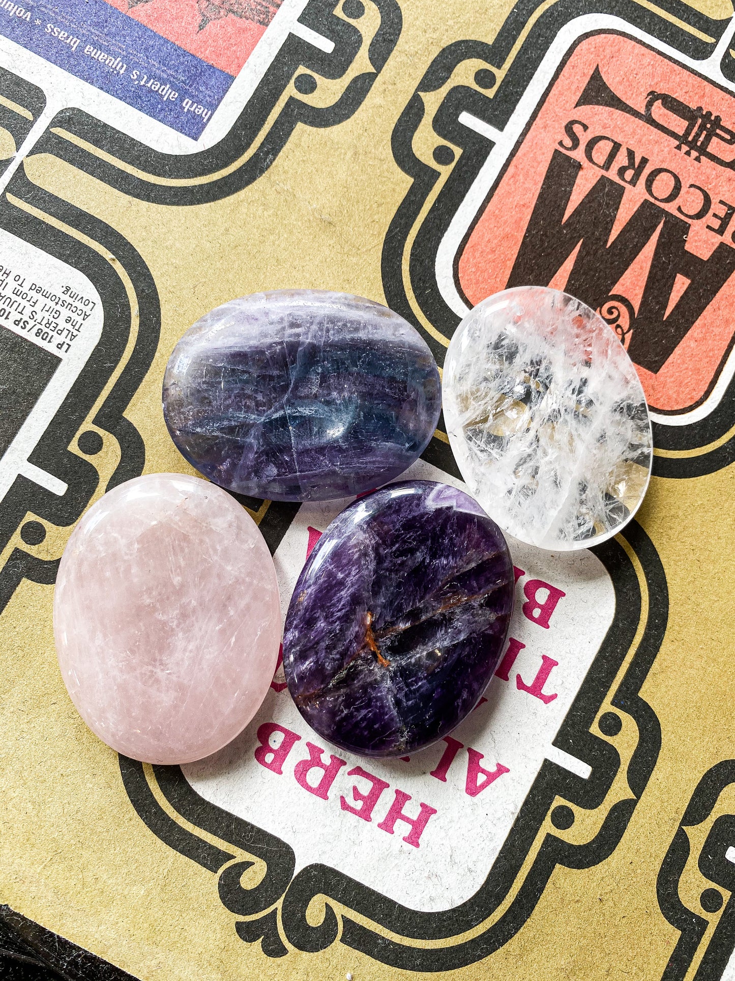 Oval Worry Gemstones Amethyst Rose Quartz Clear Quartz and Fluorite