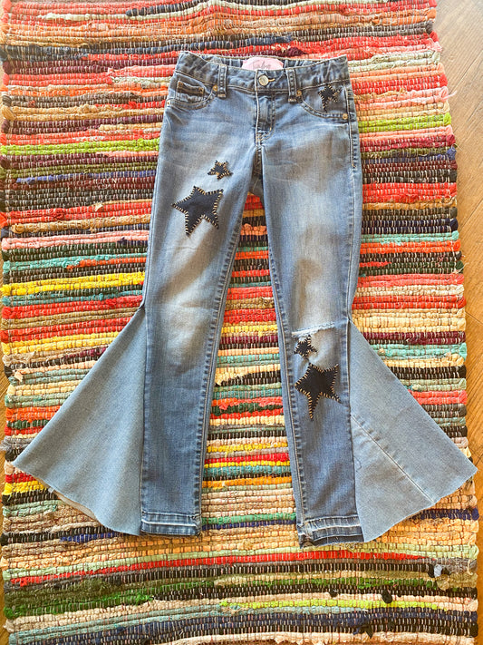 Size 7 upcycled star patchwork hippie denim bell bottoms