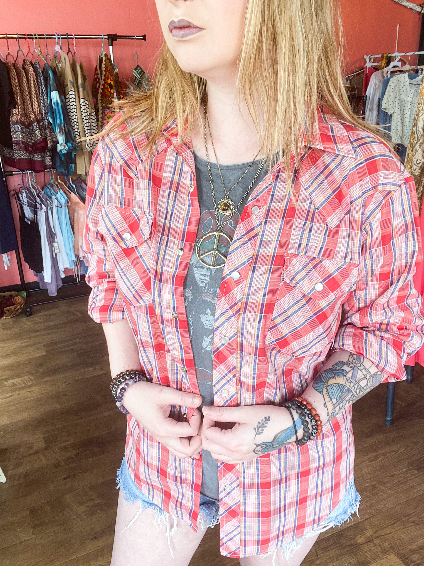 Painted mandala back red plaid button up