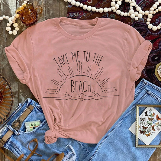 Take me to the Beach Desert Rose Pink Colored Boho Sun Printed Graphic Tee