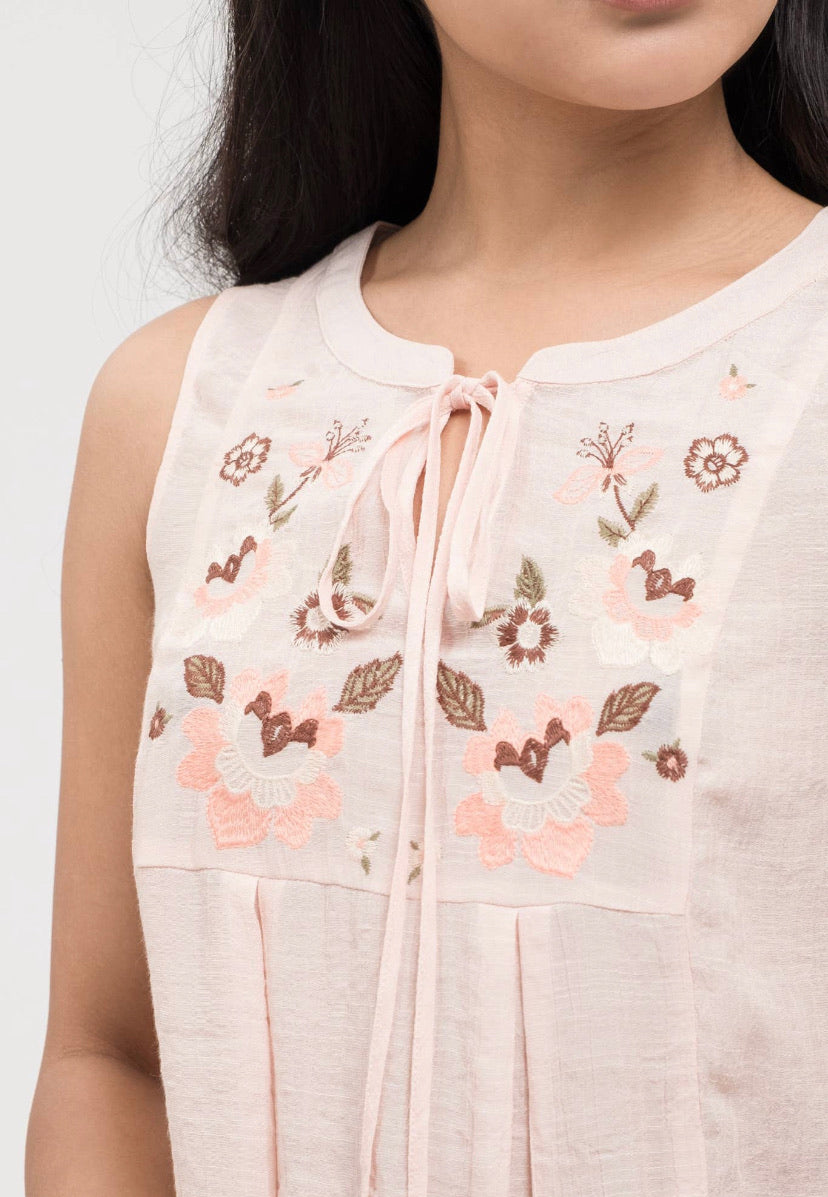 Fern Floral Embroidered Yoke Neck Peach Tunic Tank