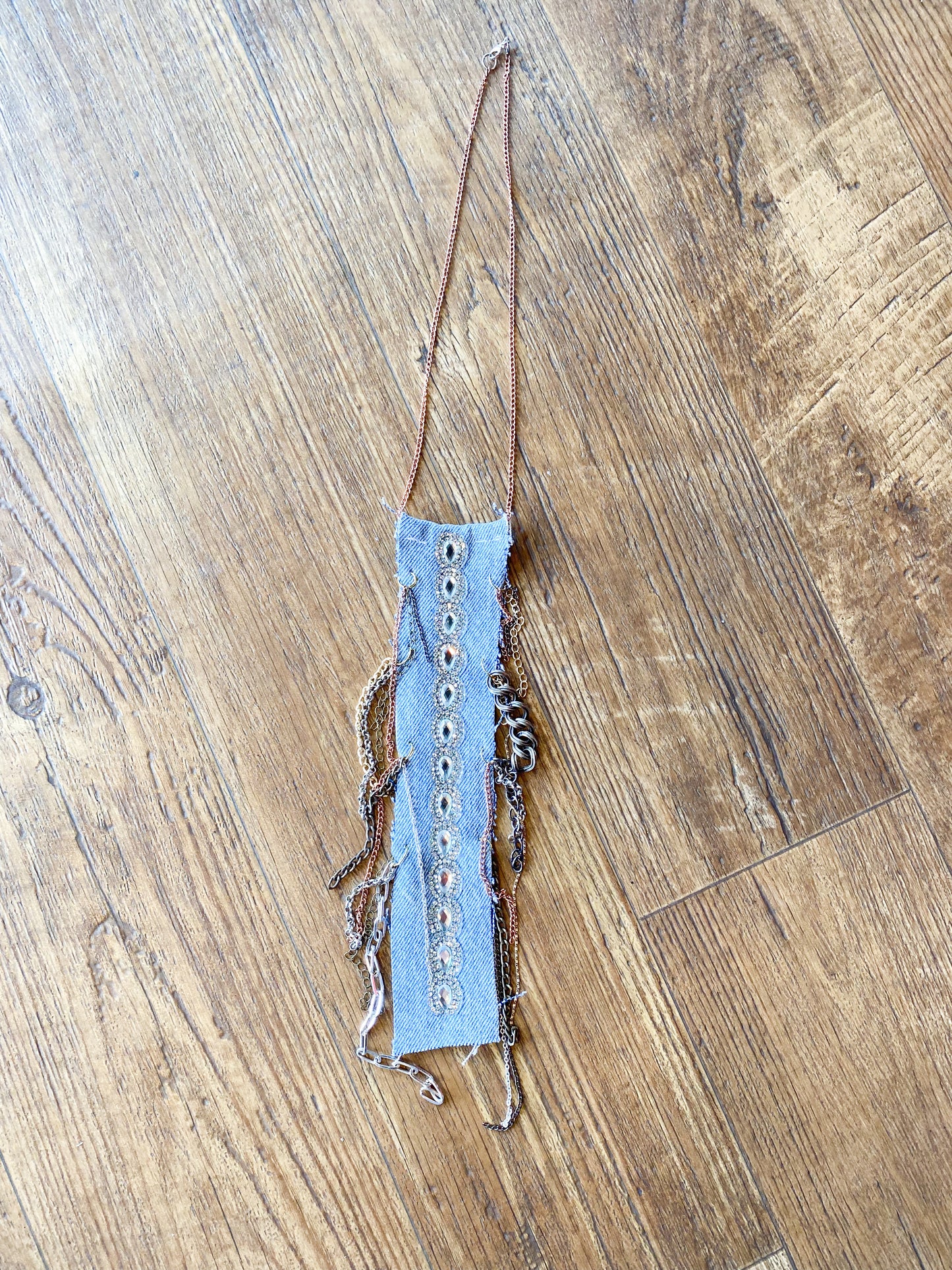 Upcycled denim rhinestone chain fringe necklace
