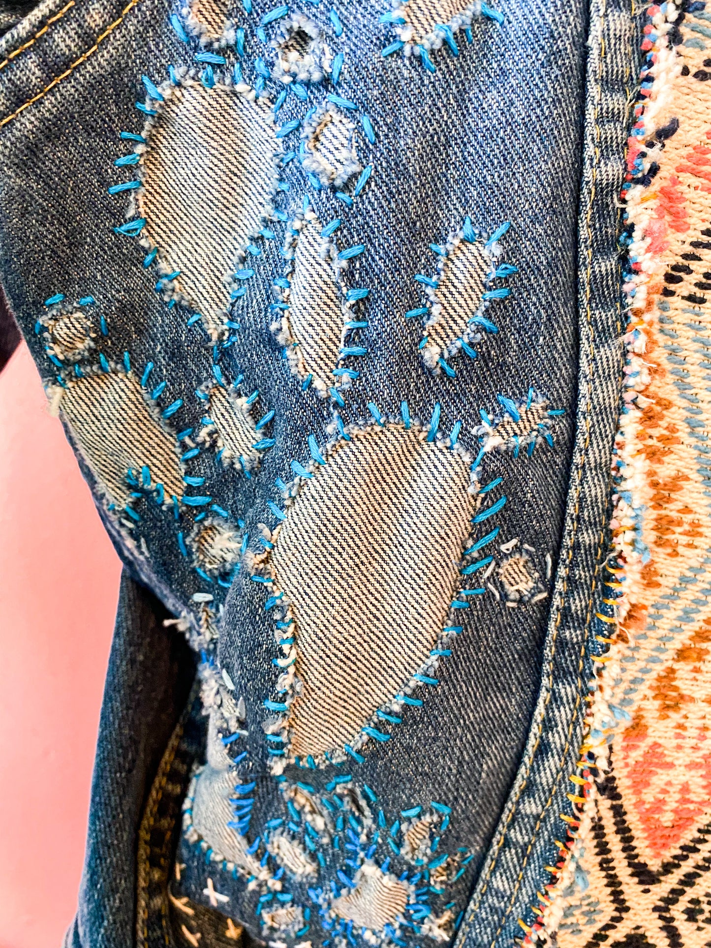 Bohemian upcycled embroidered denim jacket
