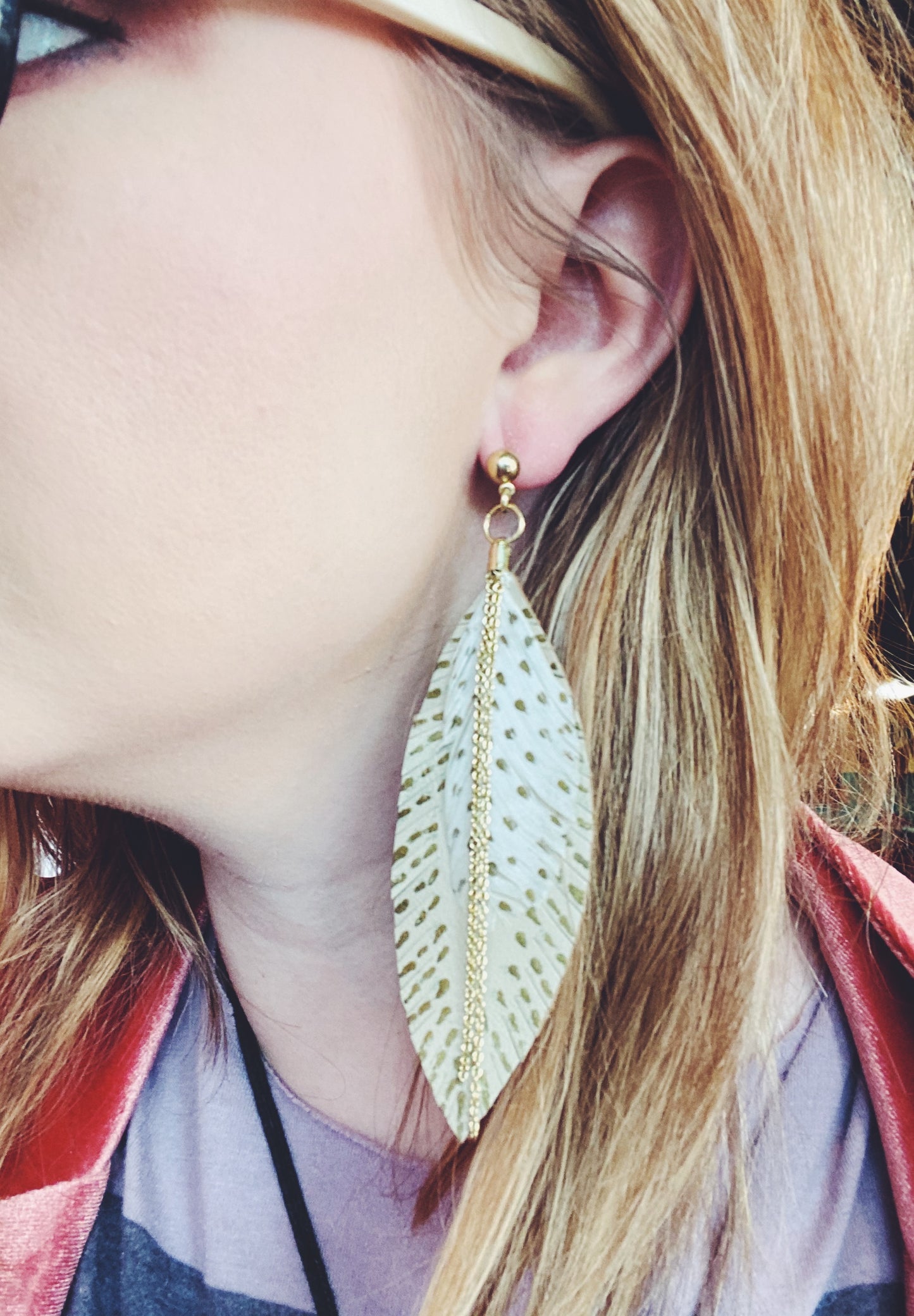 White Feather Leather Chain Earrings
