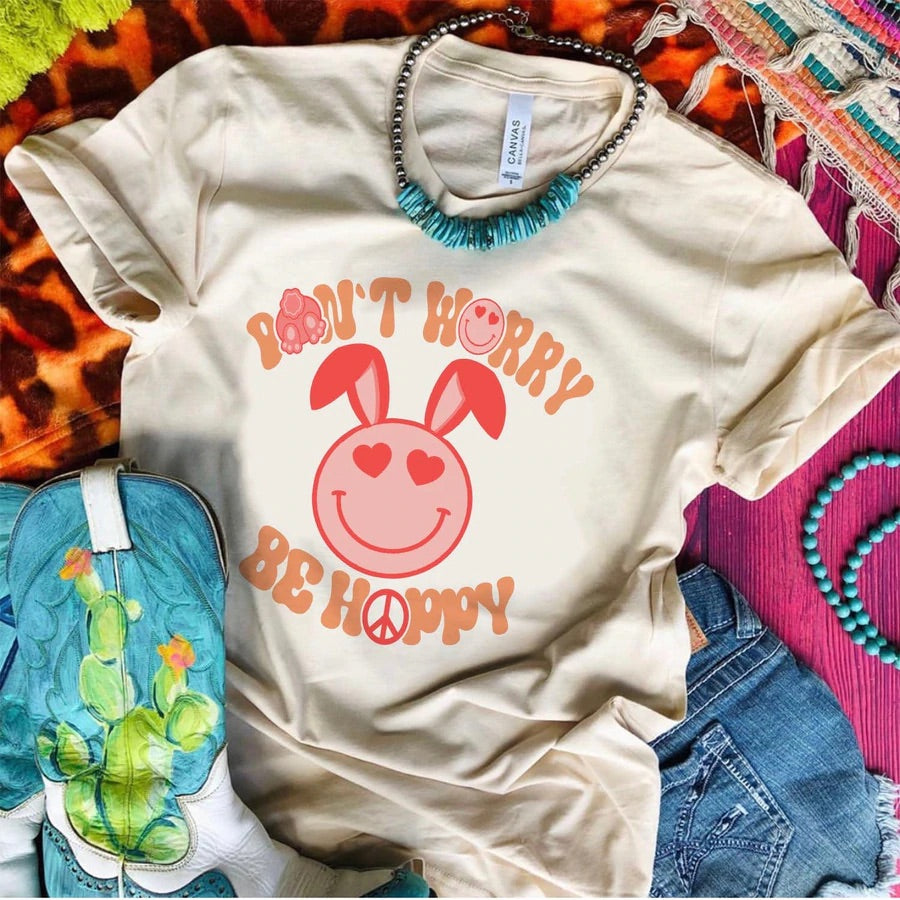 Don’t worry be Hoppy Hippie Easter Bunny Graphic Tee