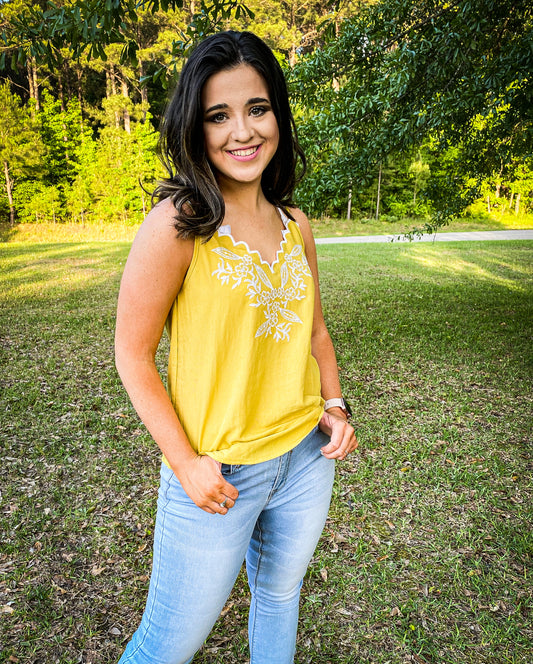 Gianna Floral Embroidered Mustard Yellow Tank Top