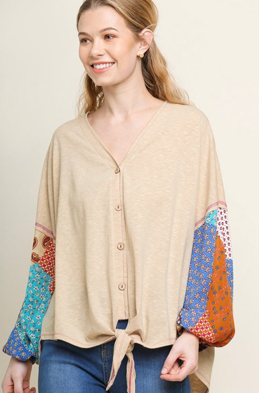 Natasha High Low Heathered Knit Button Up Mix Patchwork Print Puff Sleeve Blouse