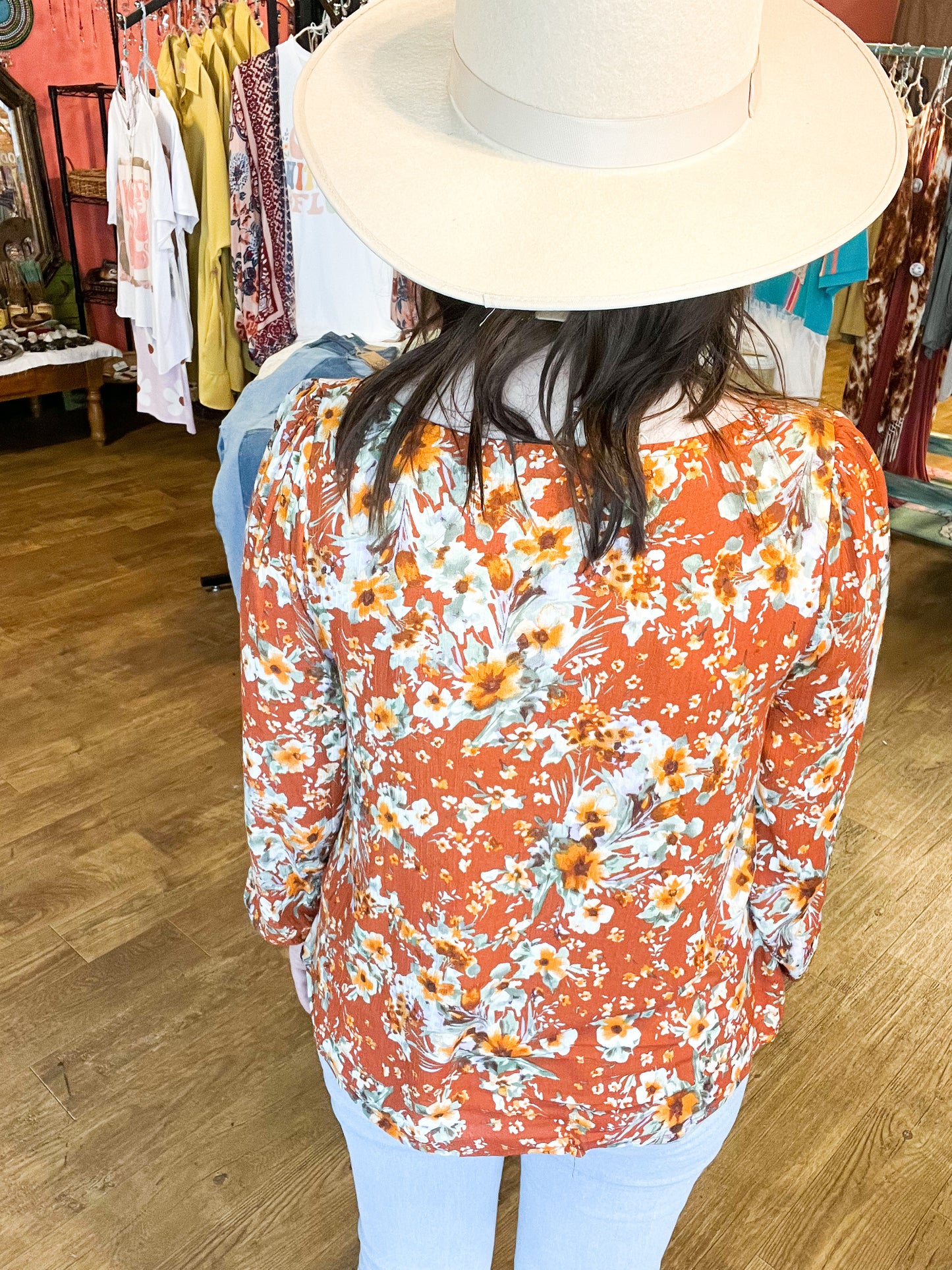 Orange floral printed boho long sleeve blouse