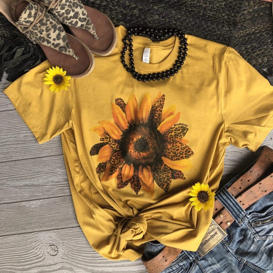 mustard tshirt leopard print sunflower print