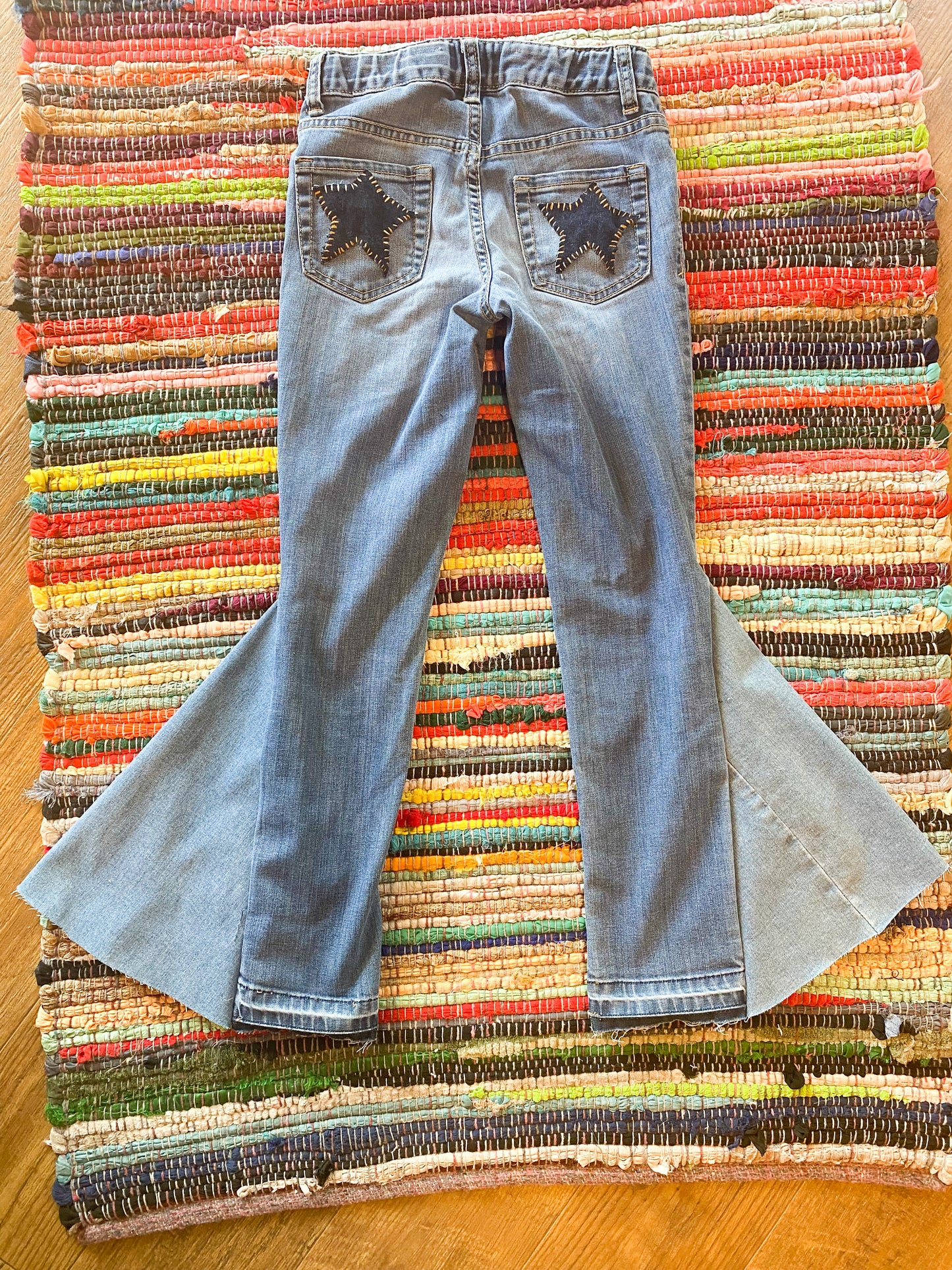 Size 7 upcycled star patchwork hippie denim bell bottoms
