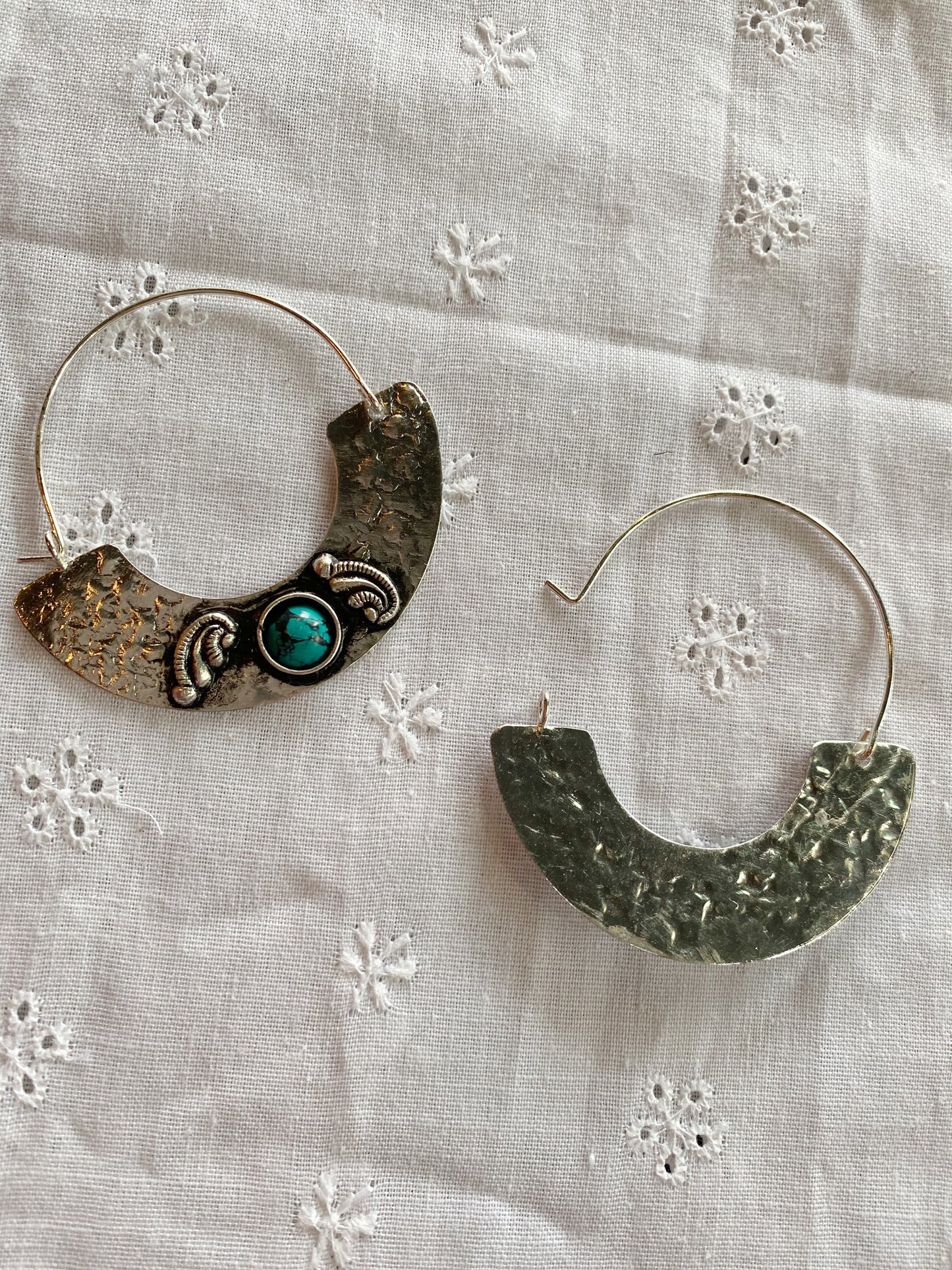 Half circle turquoise colored stone hoop earrings