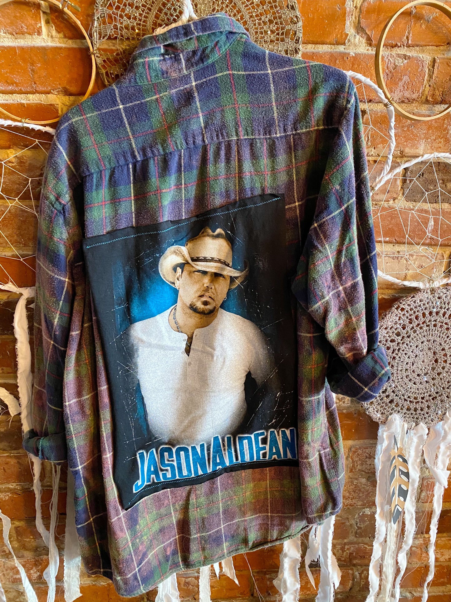 Jason Aldean Upcycled Concert Tshirt Blue and Green Bleached Flannel