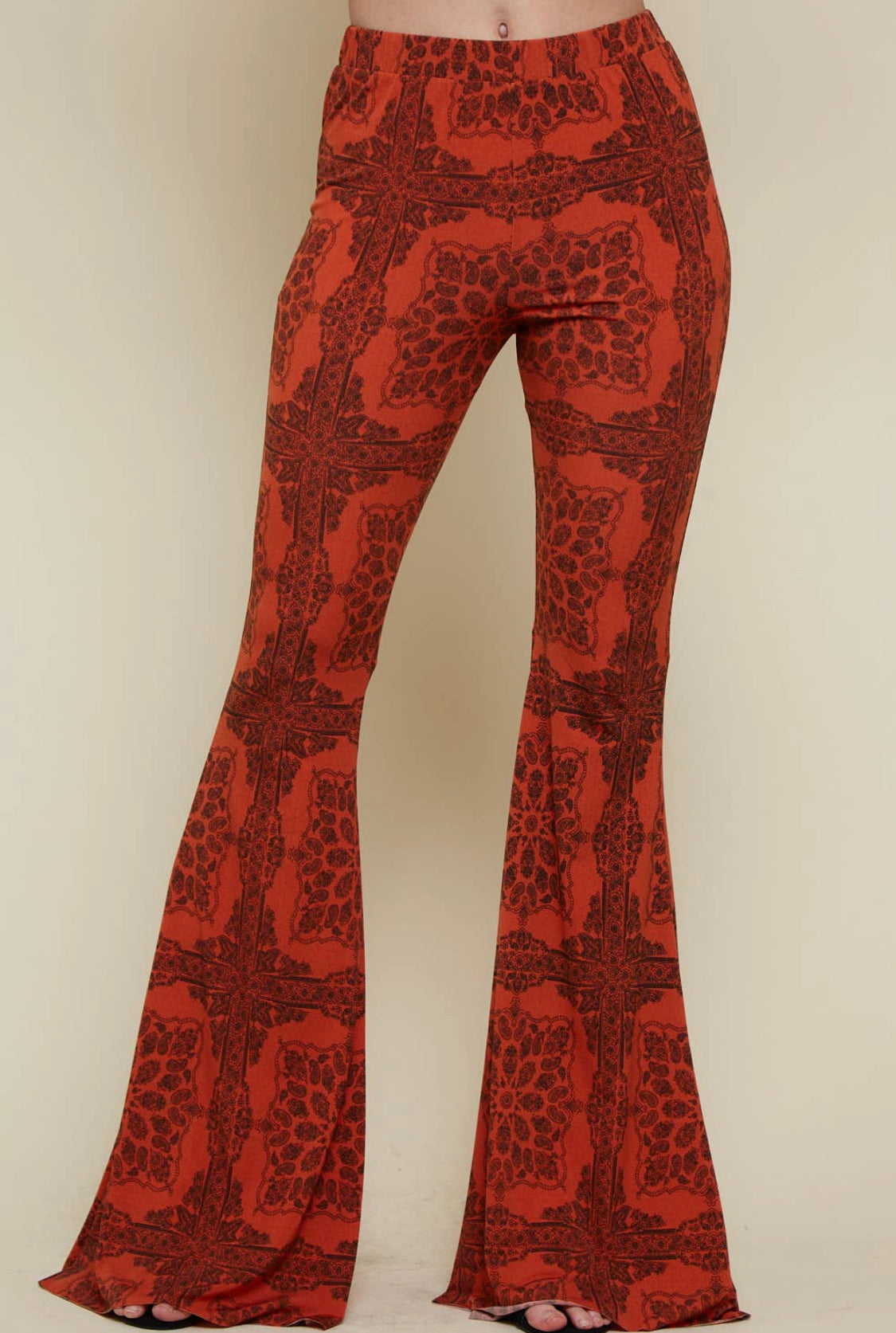 Orange and black paisley printed flare stretchy bells