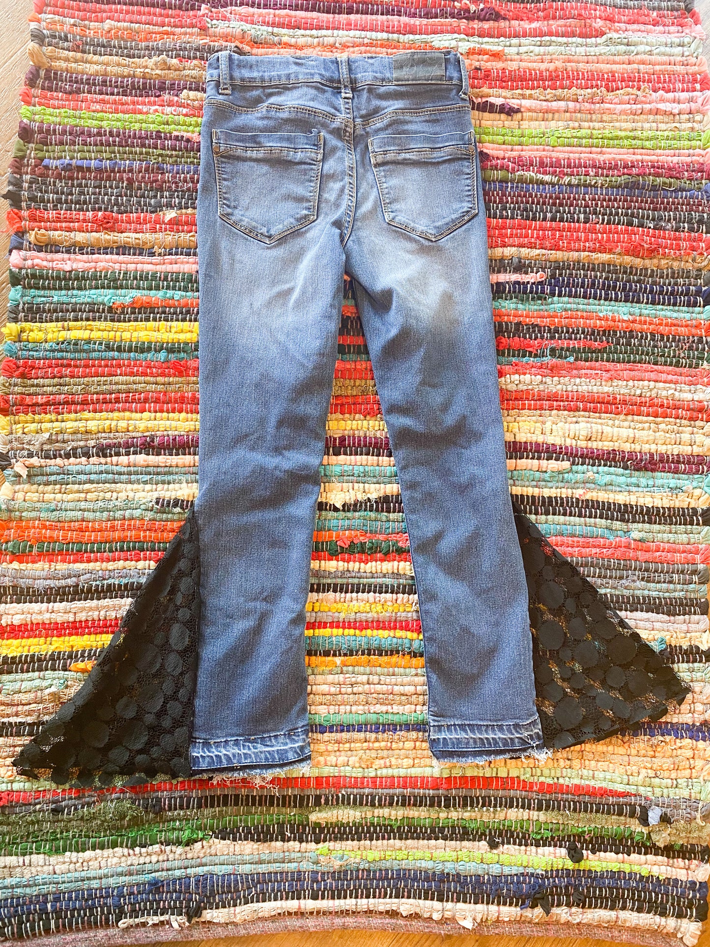 Size 7 upcycled lace patchwork hippie denim bell bottoms