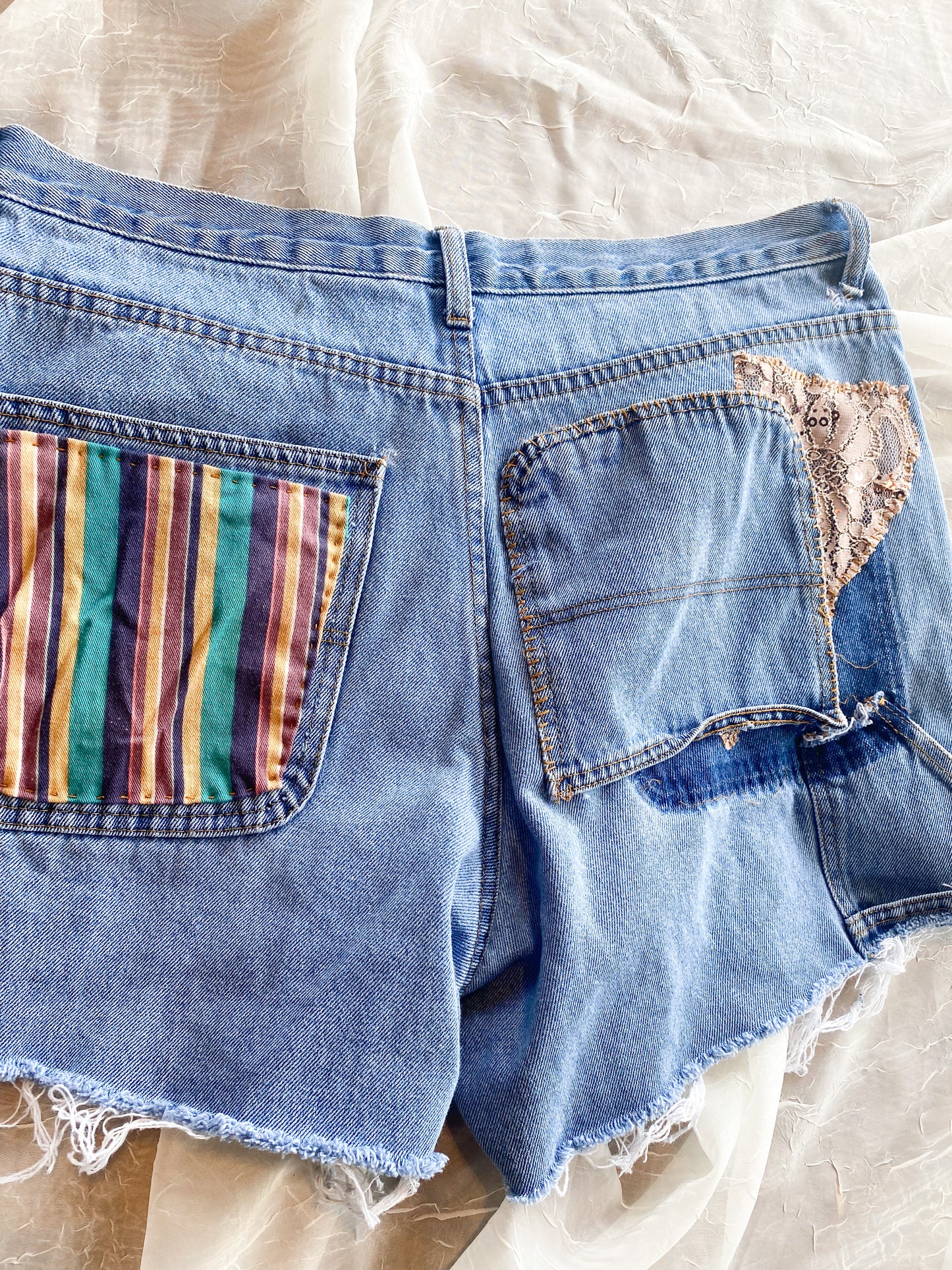 Upcycled shorts size 36 inches (6-10) fringe patchwork