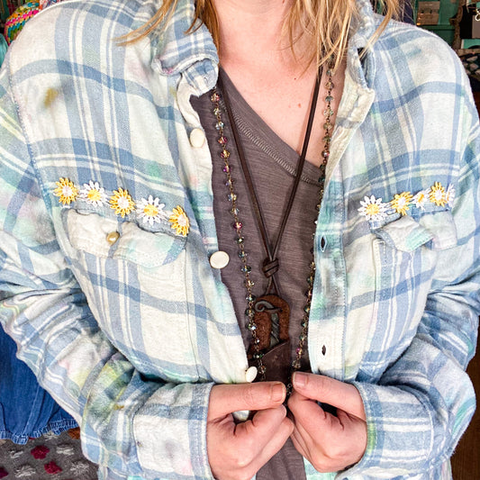 Lindsay blue plaid tie dye with sunflowers flannel