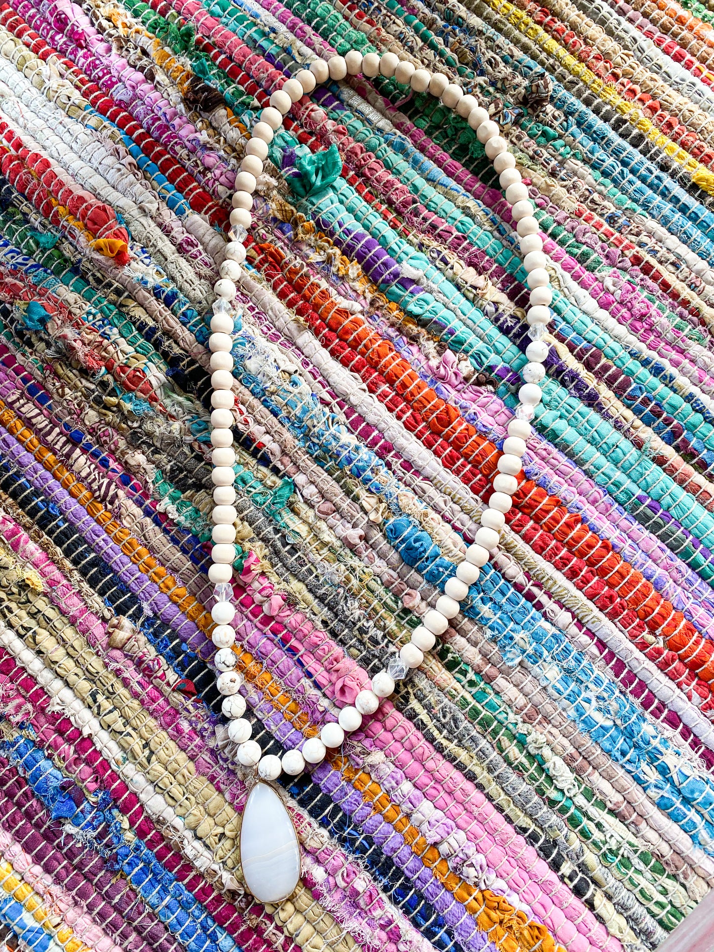 Long mixed bead with stone pendant necklace