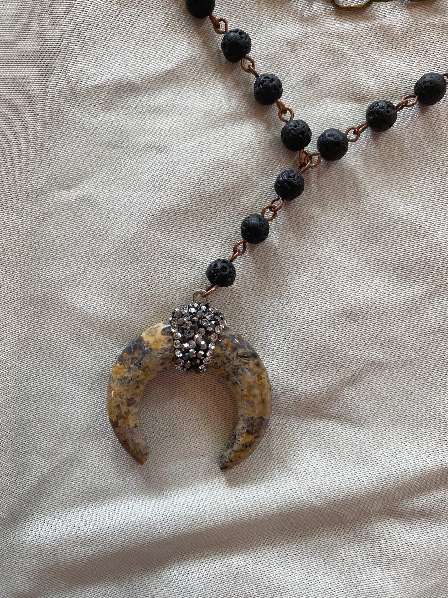 Rhinestone Horn pendant Lava bead double chain necklace