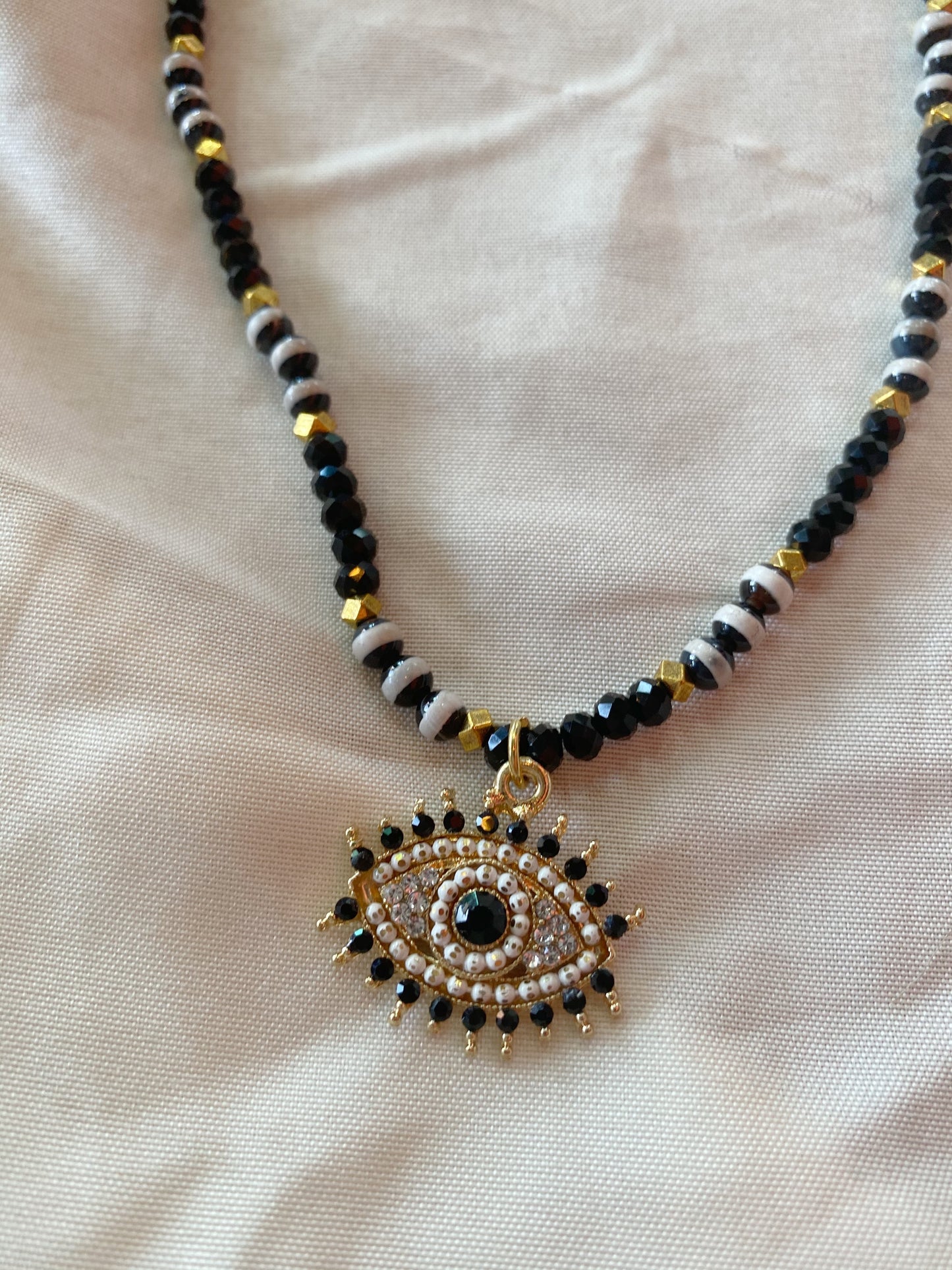 Black rhinestone evil eye charm beaded choker necklace